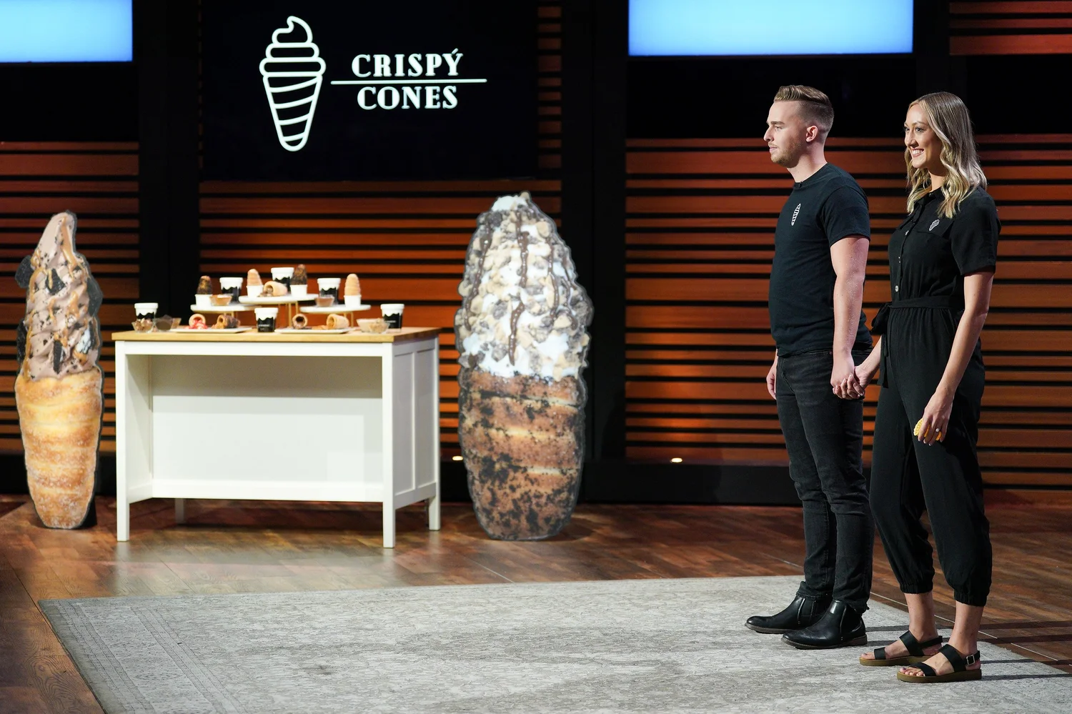 Crispy Cones founders Jeremy and Kaitlyn Carlson pitching in the Shark Tank