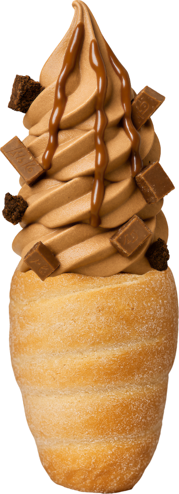 Brownie Royale Crispy Cone with chocolate soft serve, Kit Kat pieces, and brownie pieces in a pastry cone