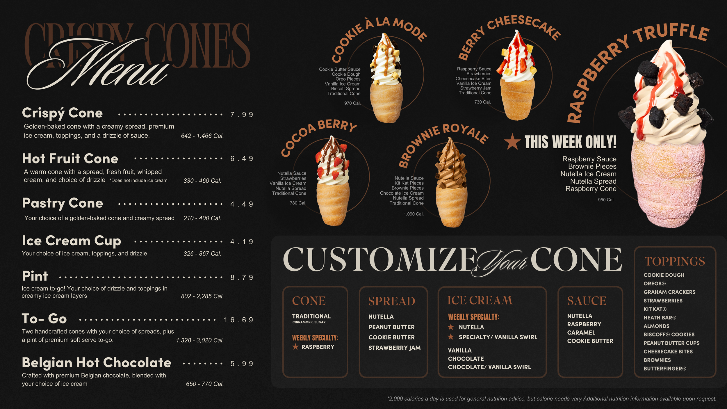 Menu with Nutella Specialty flavor Ice Creams and Raspberry Specialty Cone