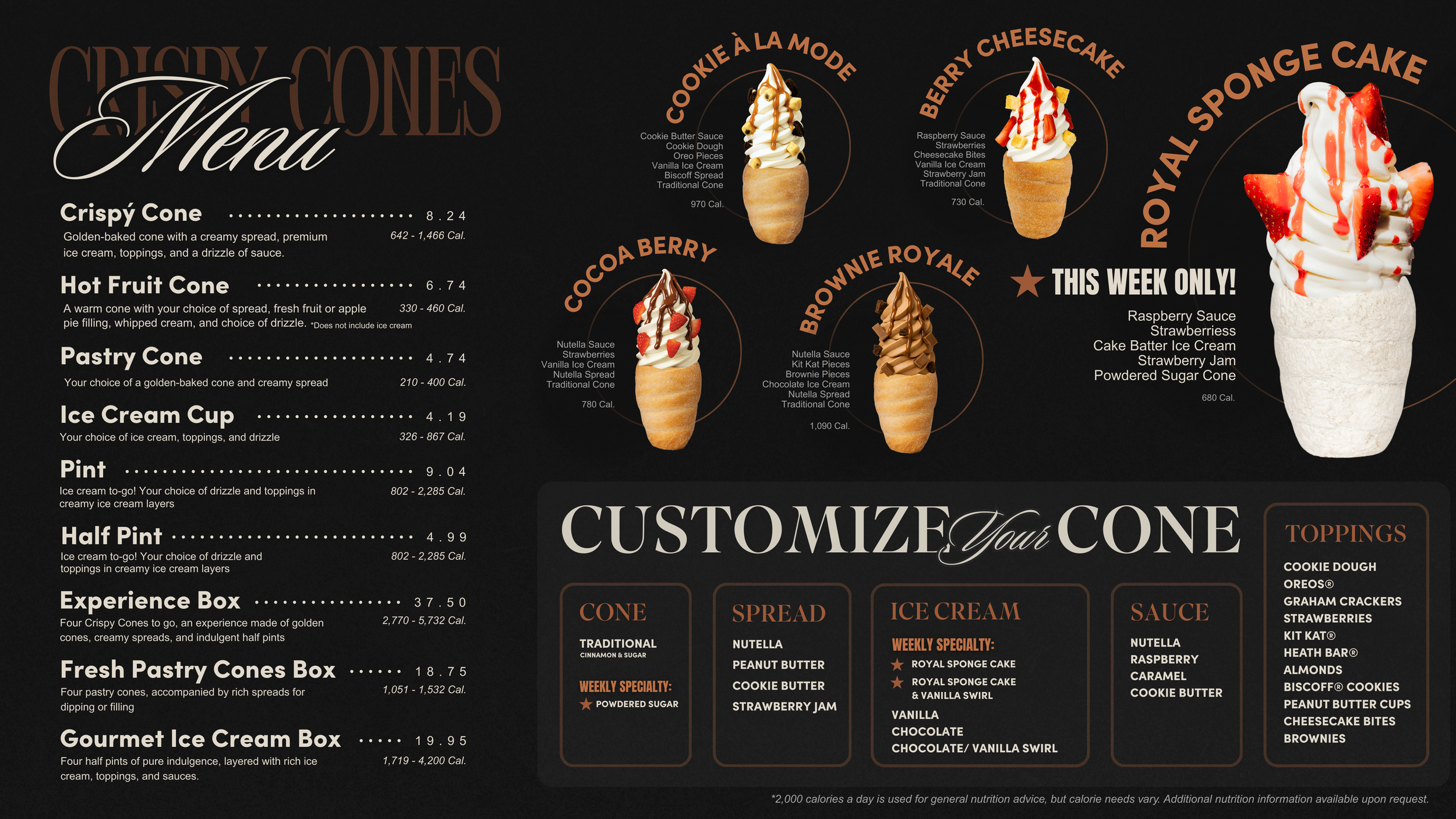 Menu with Royal Sponge Ice Cream and Powdered Sugar Cone.
