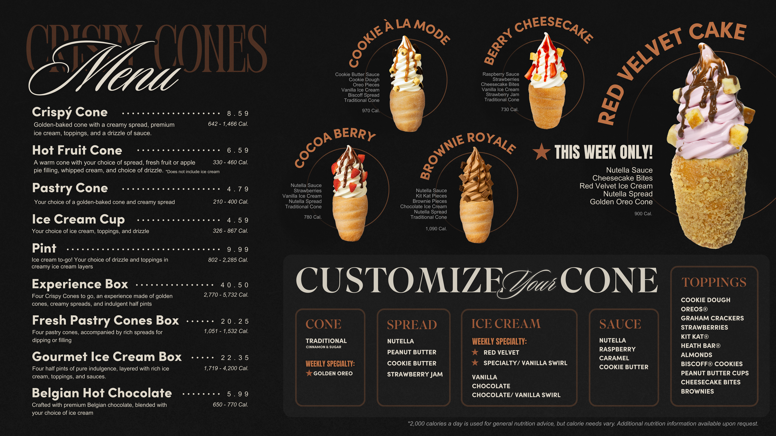 Menu with Red Velvet Ice Cream and Golden Oreo Cone.