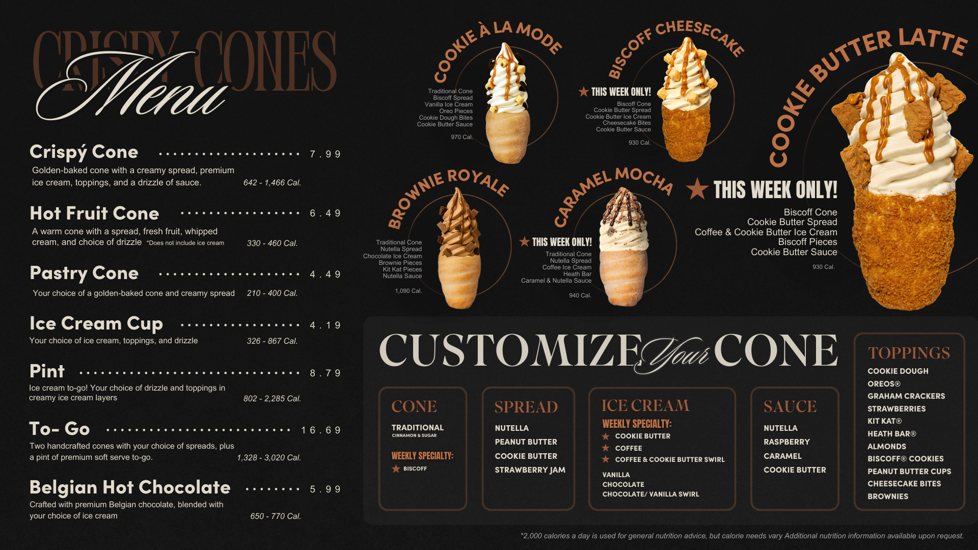 Menu with Cookie Butter & Coffee Specialty flavor Ice Creams and Biscoff Specialty Cone.