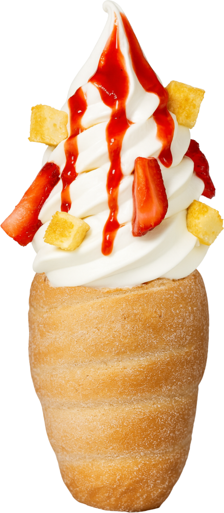 Berry Cheesecake Crispy Cone with vanilla soft serve, strawberries, and cheesecake bites in a pastry cone