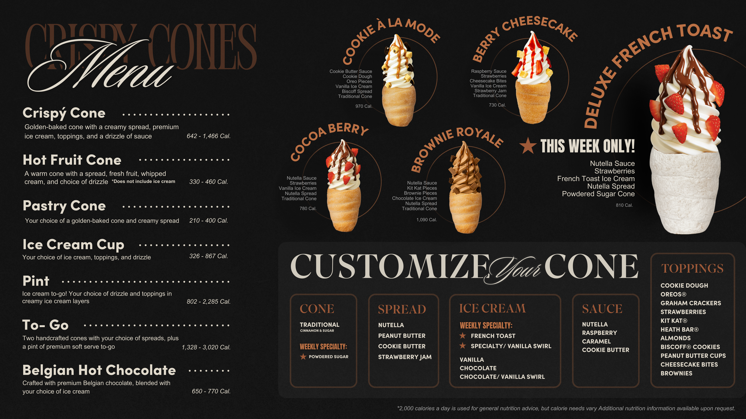 Menu with French Toast Specialty flavor Ice Creams and Powdered Sugar Specialty Cone