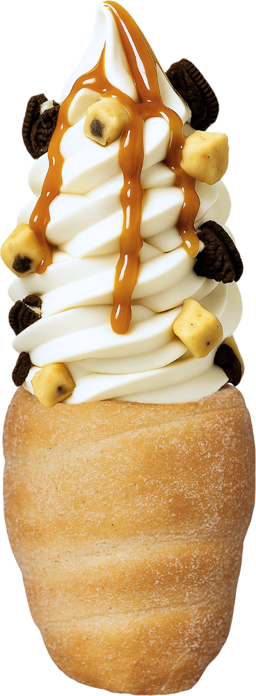 Cookie à la Mode Crispy Cone with soft serve, cookie dough and drizzle