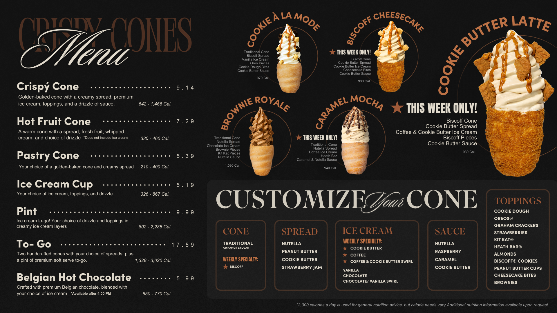 Menu with Cookie Butter & Coffee Specialty flavor Ice Creams and Biscoff Specialty Cone.