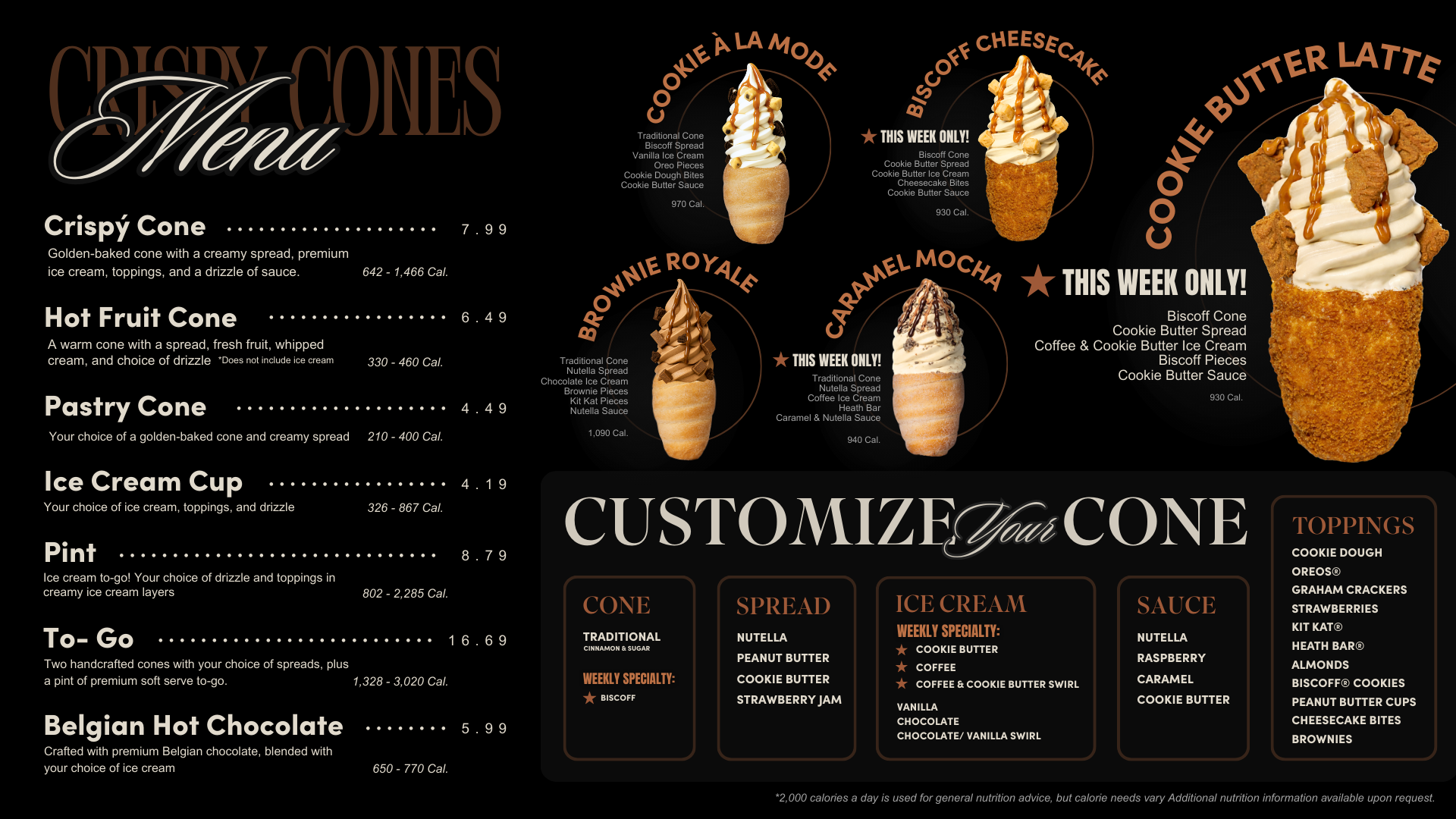 Menu with Cookie Butter & Coffee Specialty flavor Ice Creams and Biscoff Specialty Cone.