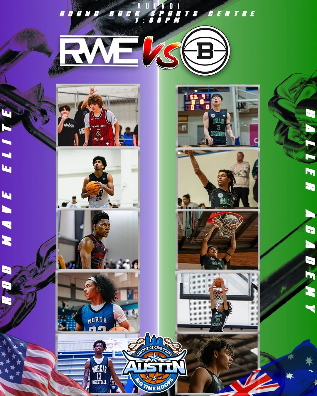 Poster for a basketball game featuring RWE vs Baller Academy, with images of players from both teams competing in basketball activities, including shooting and dunking, and the Austin Big Time Hoops logo at the bottom.