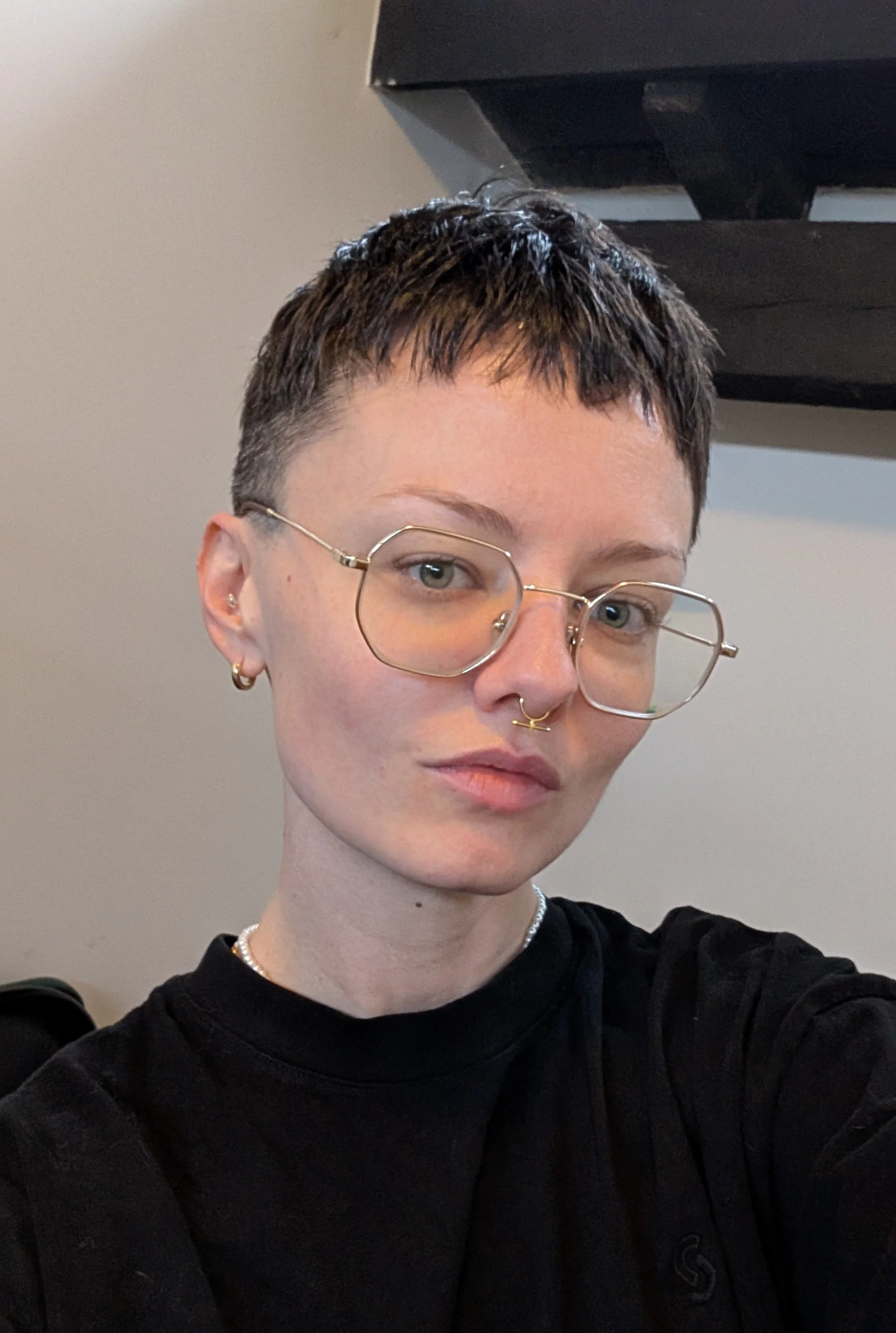 A person with short dark hair, wearing glasses with tinted lenses, earrings, and a septum piercing. They are wearing a black shirt and a necklace, and are looking at the camera with a neutral expression.