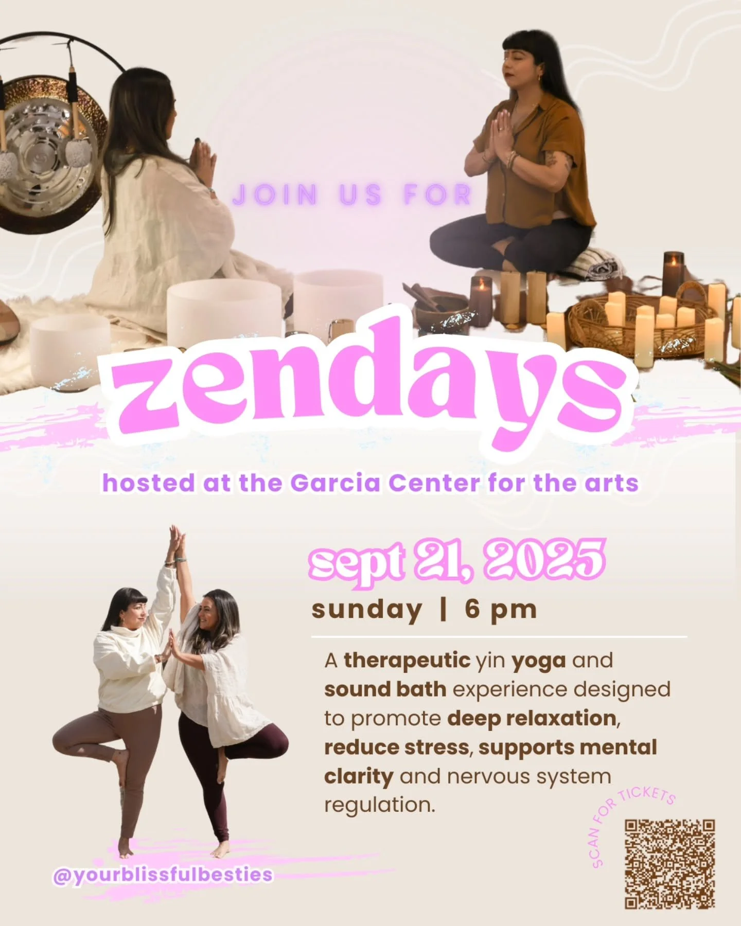 ✨ Zendays September ✨
Join us on Sunday, Sept 21 at 6pm @thegarciacenterforthearts  for an evening of yin yoga + sound bath to reset your mind, body, and spirit. 🧘&zwj;♀️🎶

If you&rsquo;ve joined us before, you know the magic that unfolds in these 