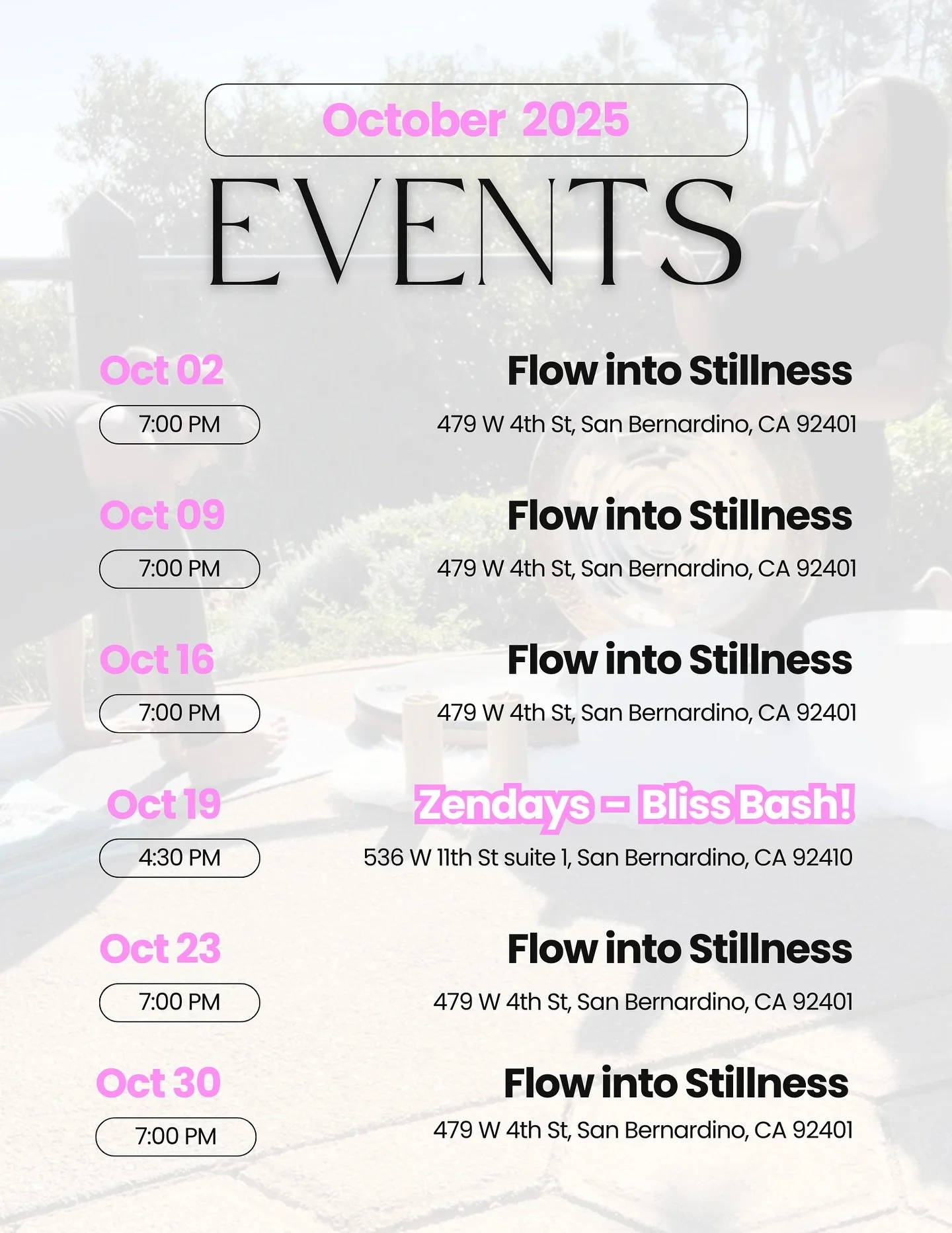 🍂 October is here, Besties! 🍂

We&rsquo;ve got a full month of mindful movement, sound, and community waiting for you ✨

📅 Weekly Flow into Stillness (Yoga + Sound Bath) every Thursday at 7 PM in San Bernardino @strongertogethernow_ie 

🌟 And mar