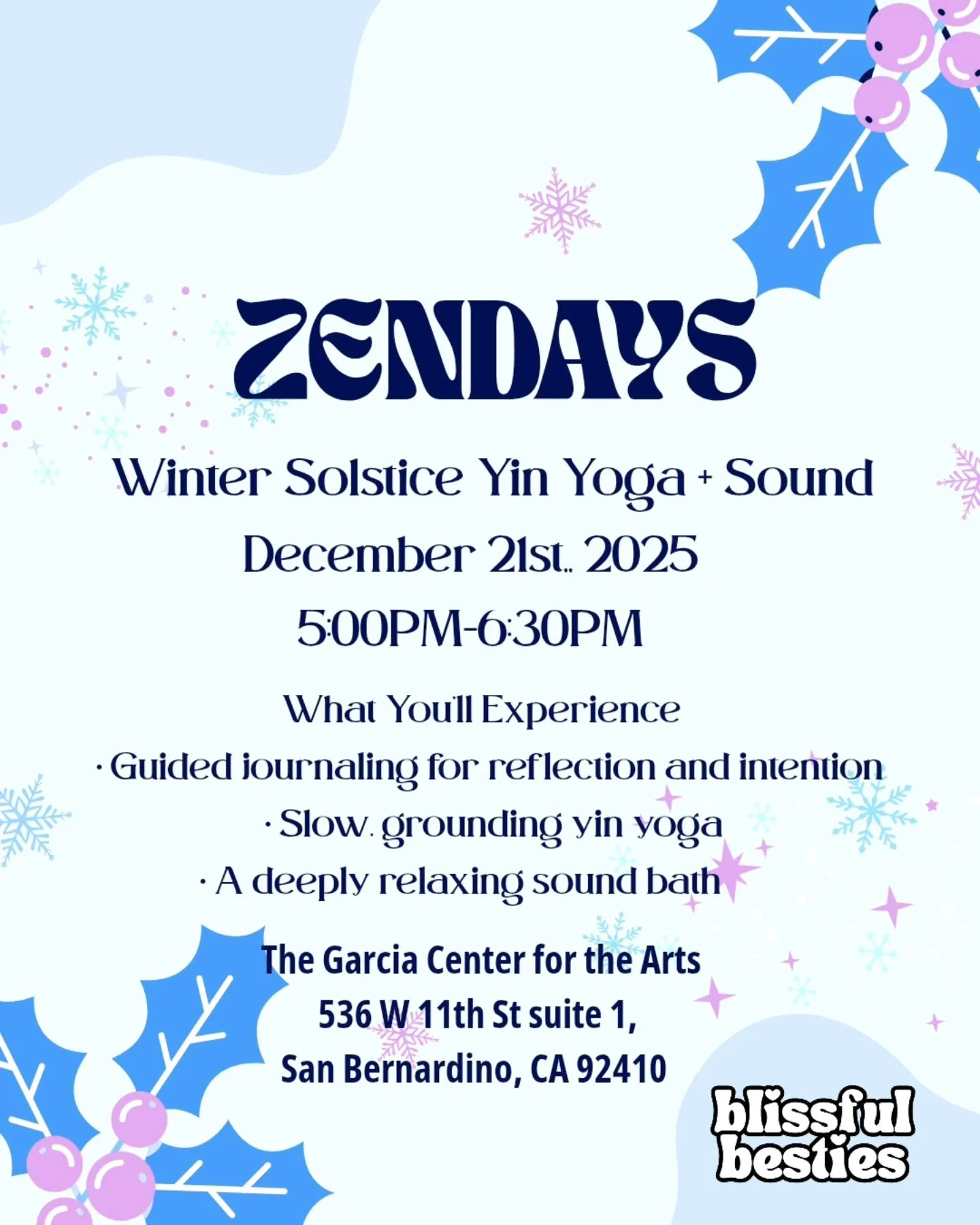 5pm Sharp this Sunday the 21st.

Doors open at 4:45pm.

First 20 minutes will be guided journaling, reflecting on the year, the light and the dark, and preparing to release anything that doesn't align with our intentions. 

We'll then move in a yin s