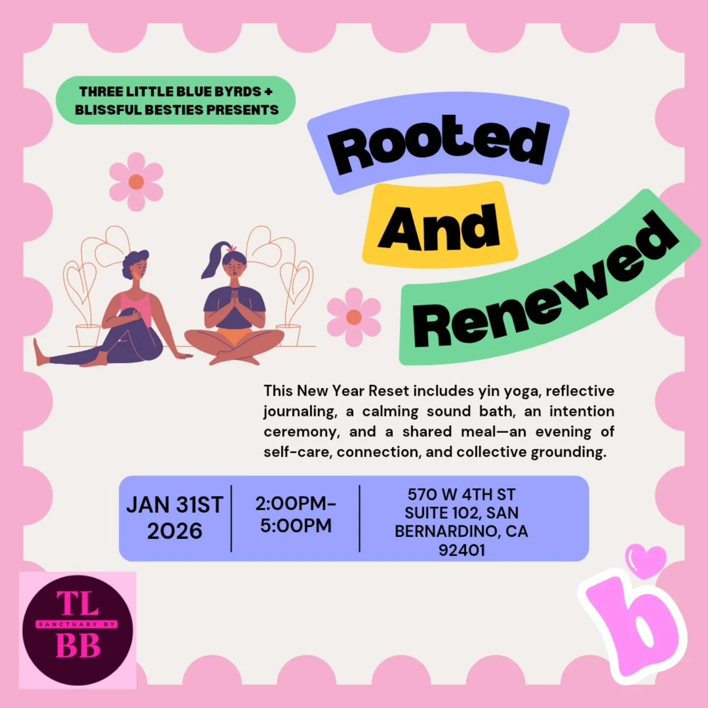 Begin the year in community. 💖
Join us for a New Year Reset at Three Little Blue Byrds Boutique&mdash;an intentional gathering designed to support rest, reflection, and genuine connection. Together, we&rsquo;ll slow down with yin yoga, guided journa
