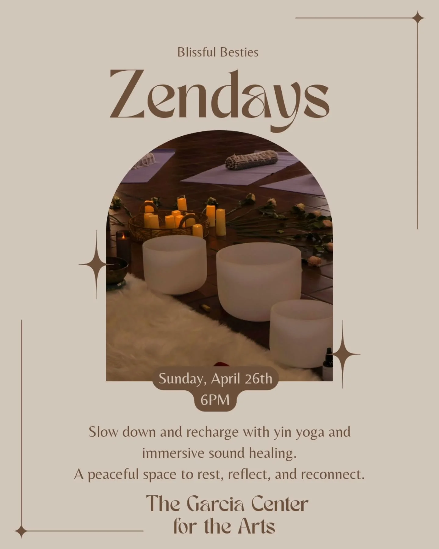 Pause, breathe, and bloom into spring.
Enjoy a nourishing blend of yin yoga and sound healing designed to restore your body and calm your mind.

⚠️☀️ ☀️ ☀️ ☀️ ⚠️
Our Zendays start time has been moved to 6PM for the Spring and Summer months. 
Also onl