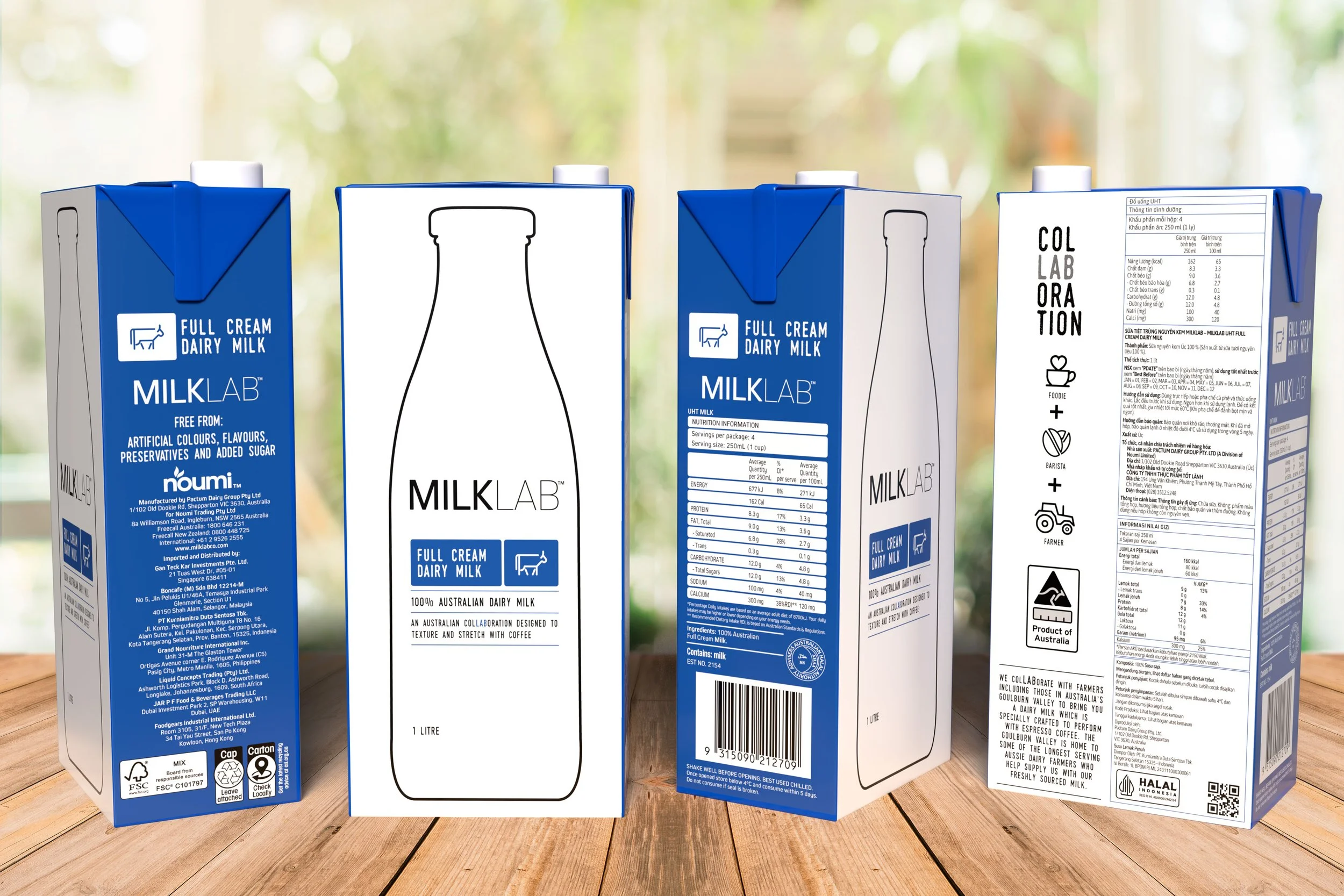 MILKLAB Full Cream Milk Carton Packaging. English, Vietnamese and Indonesian Languages
