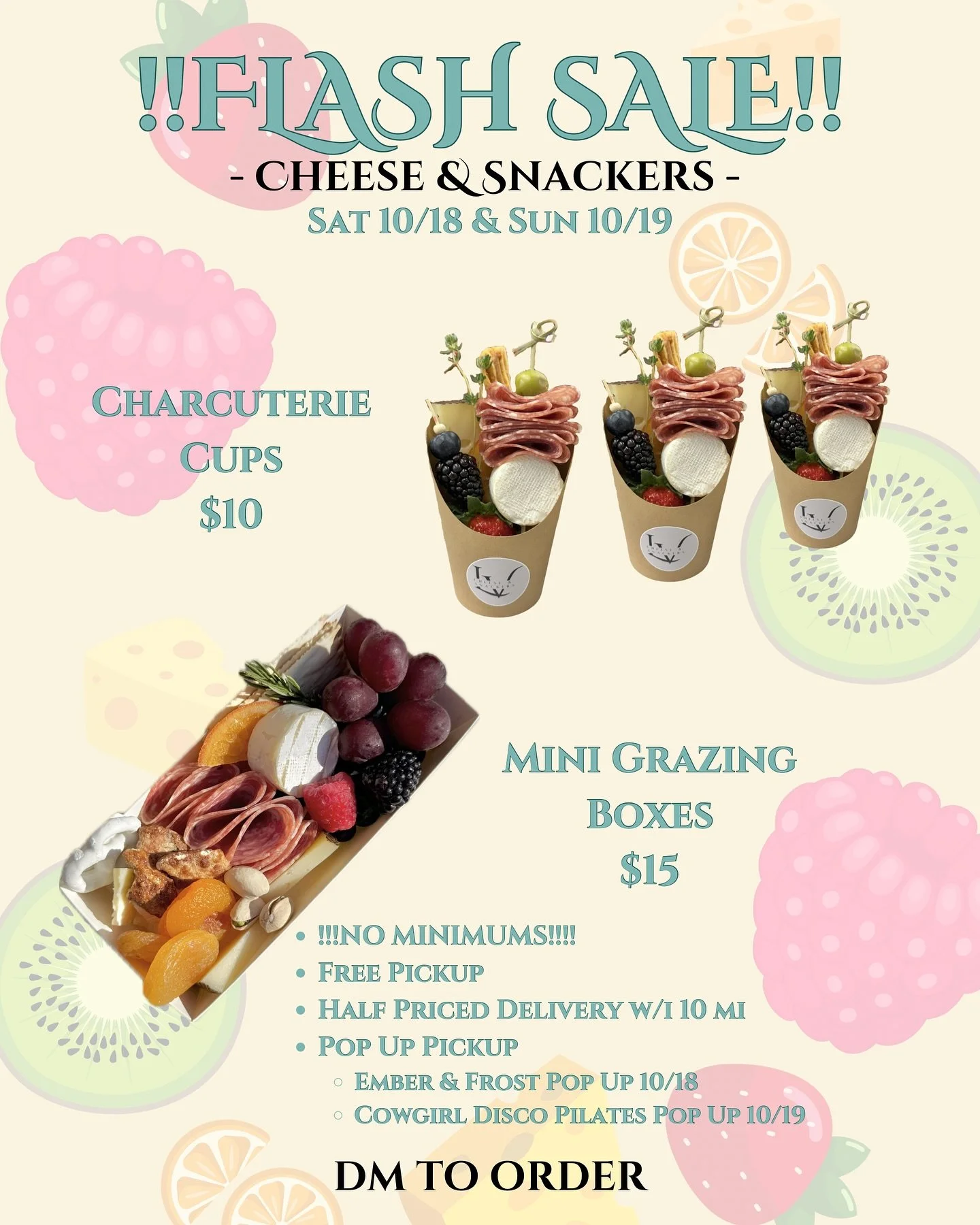 ⚡️ FLASH SALE ⚡️
This weekend only &rarr; no order minimums! 🙌

For this weekend only (Sat 10/18 &amp; Sun 10/19), grab a Charcuterie Cup ($10) or Mini Grazing Box ($15) &mdash; no order minimum required!

Find us at:
📍 Ember &amp; Frost Pop-Up &nd