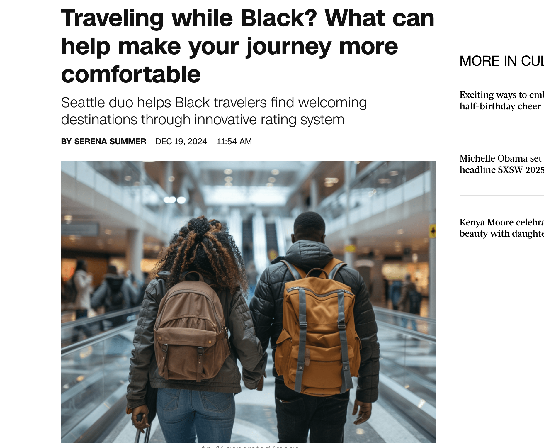Two people with backpacks walking through an airport terminal, suggesting travel. The headline above discusses challenges and solutions for Black travelers seeking welcoming destinations.
