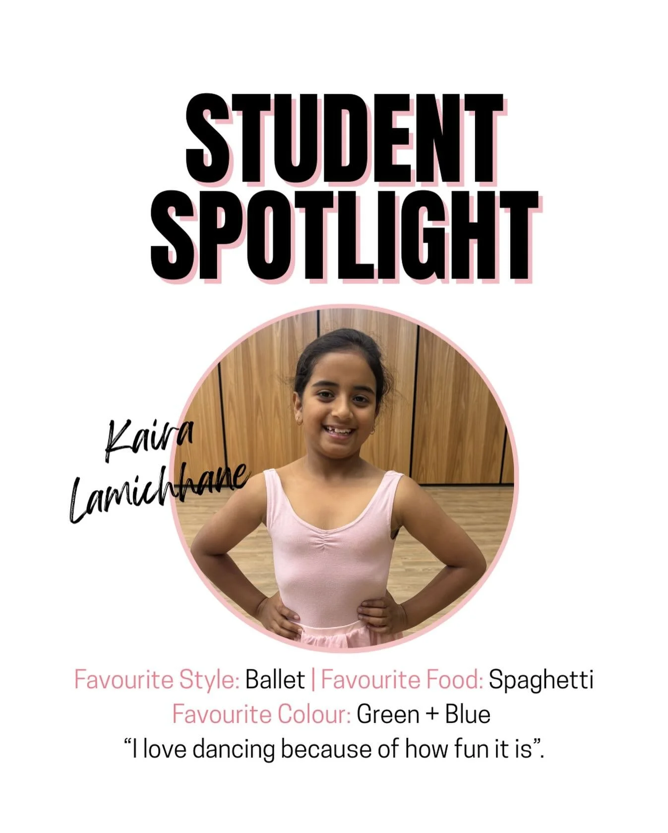 ⭐️ Student Spotlight: Kaira ⭐️

Kaira is in her second year dancing with us and has quickly become a key member of our dance community. She loves ballet and jazz, and she always brings so much energy and fun to every class 💖