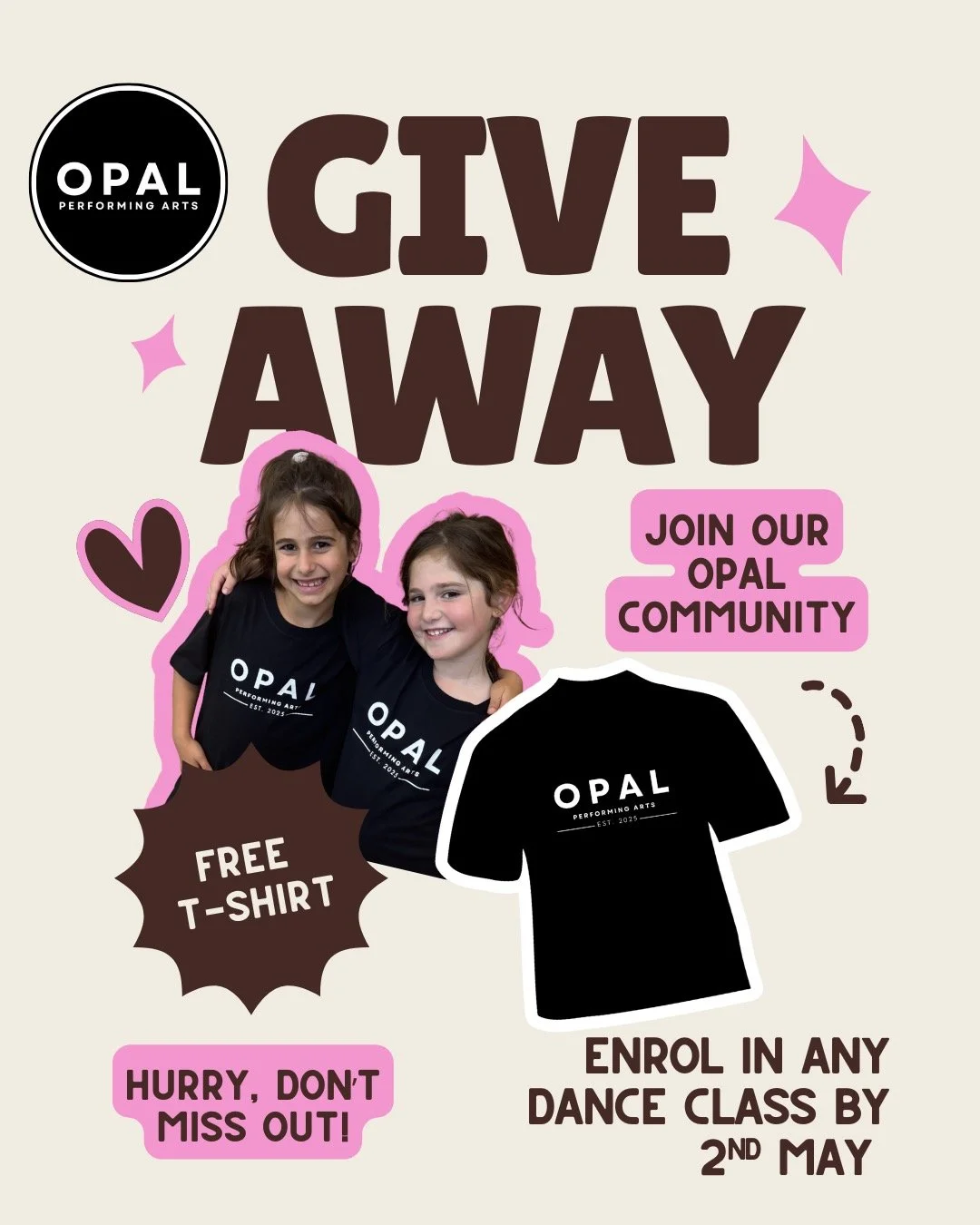 🐰 EASTER DANCE SPECIAL 🐰

Enrol by 2nd May and receive a FREE Opal Performing Arts t-shirt! 

Celebrate Easter by joining our fun and welcoming dance community. When you enrol in any dance class by 2nd May, your child will receive a FREE studio t-s