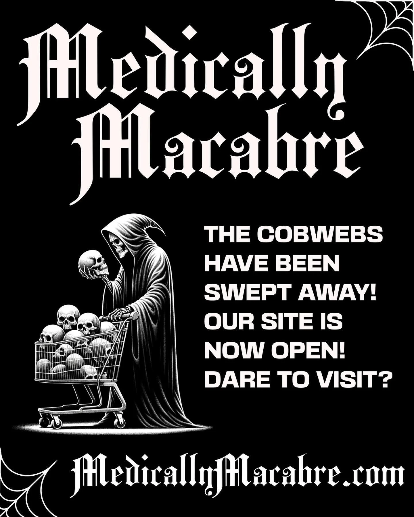 The cobwebs have been swept away! The site is now open! Dare to visit? Our Nine Lives shirt is going up at midnight (PST) 🖤🕸️

#Goth #Gothic #GothFashion #CripplePunk  #DisabledAndProud #DisabilityAwareness #MedicallyMacabre #BabeWithAMobilityAid #