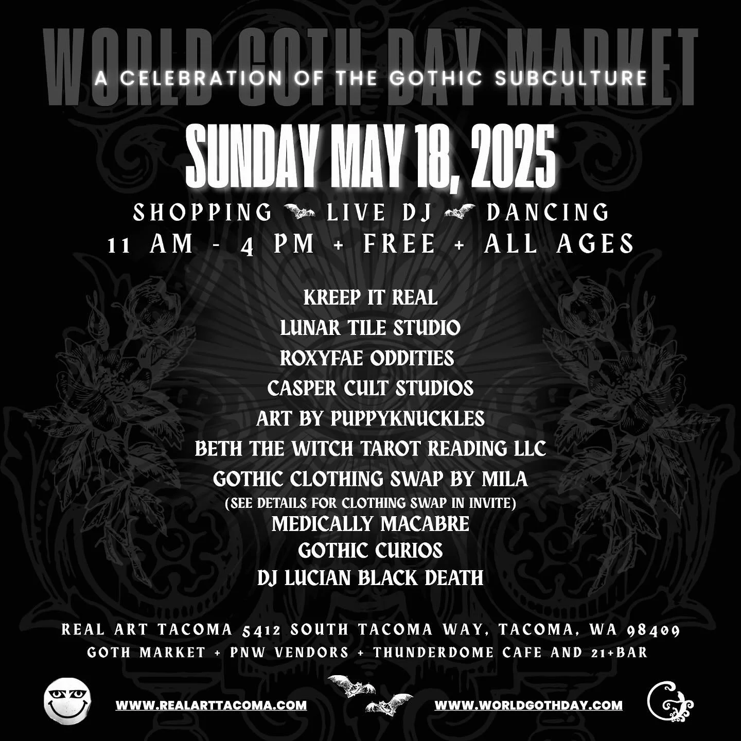 World Goth Day Market in Tacoma, WA at @RealArtTacoma hosted by @GothicCurios on Sunday May 18th, 11am-4pm!