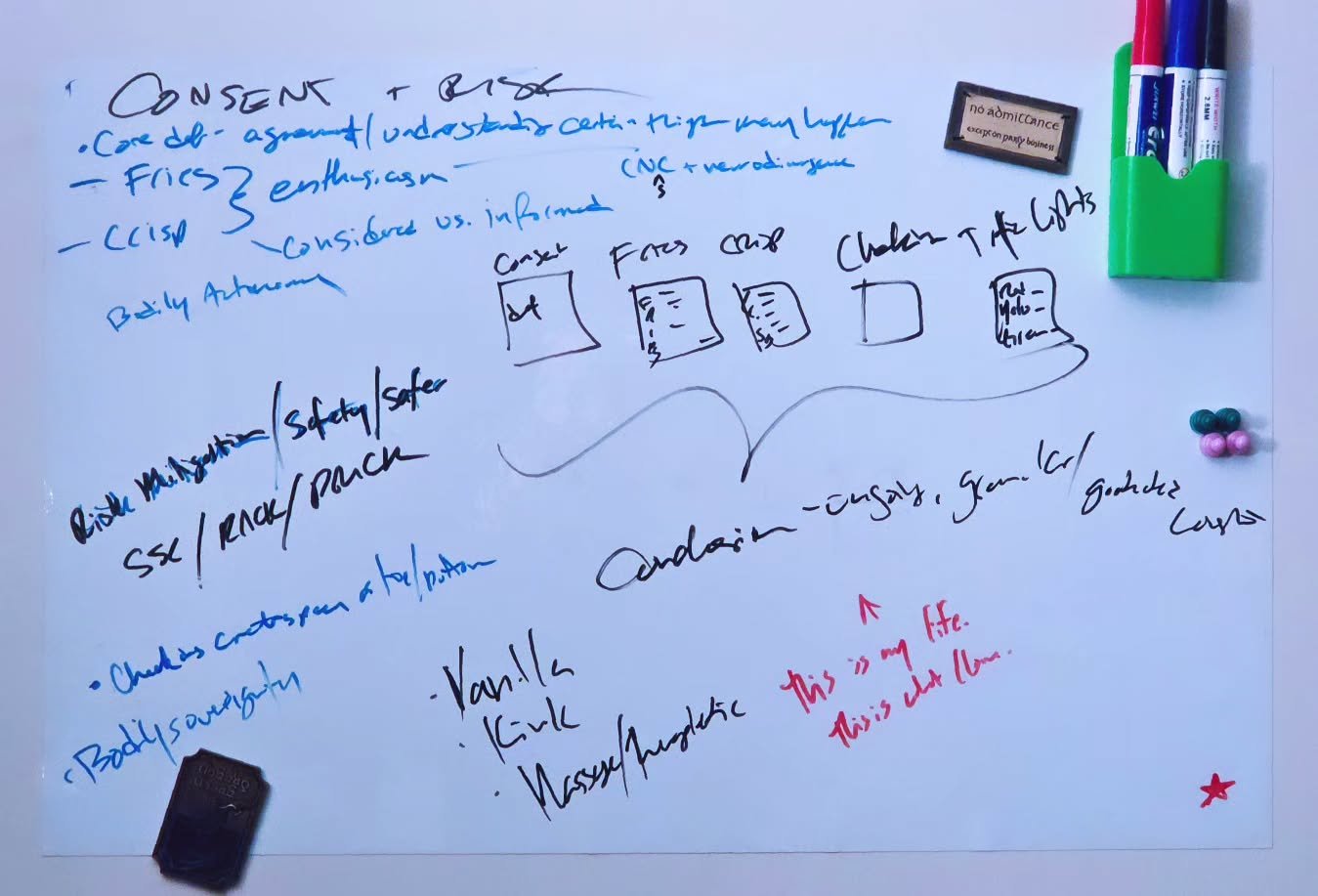 Erased the To Do List on my whiteboard and scribbled out the framework for a #consent presentation I'm working on. 

#consenteducation #FRIESconsent #consentFRIES #CRISPconsent #sxeducation