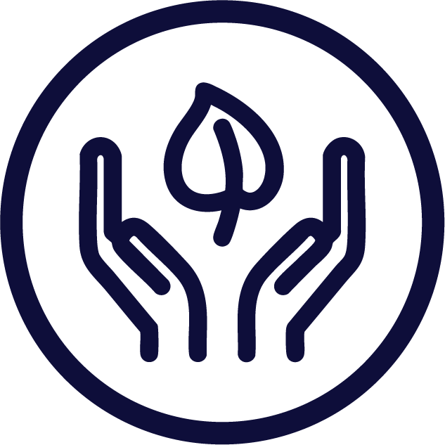 An icon of two hands holding a leaf with a central water droplet, symbolizing in lieu’s commitment to sustainability, environmental care, and responsible water sourcing.