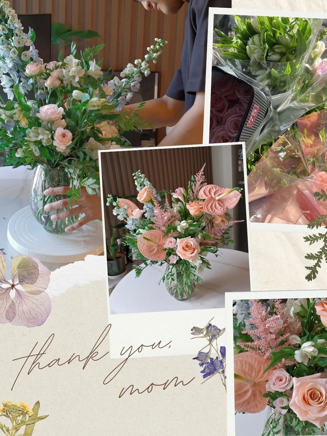 &ldquo;Thank you for being the heart of home, Mom.&rdquo;

In her favourite pastel hues, J&rsquo;s first floral arrangement to his mom carries soft peach roses, graceful anthuriums, delicate freesias, and airy blooms &mdash; a gentle embrace in flowe