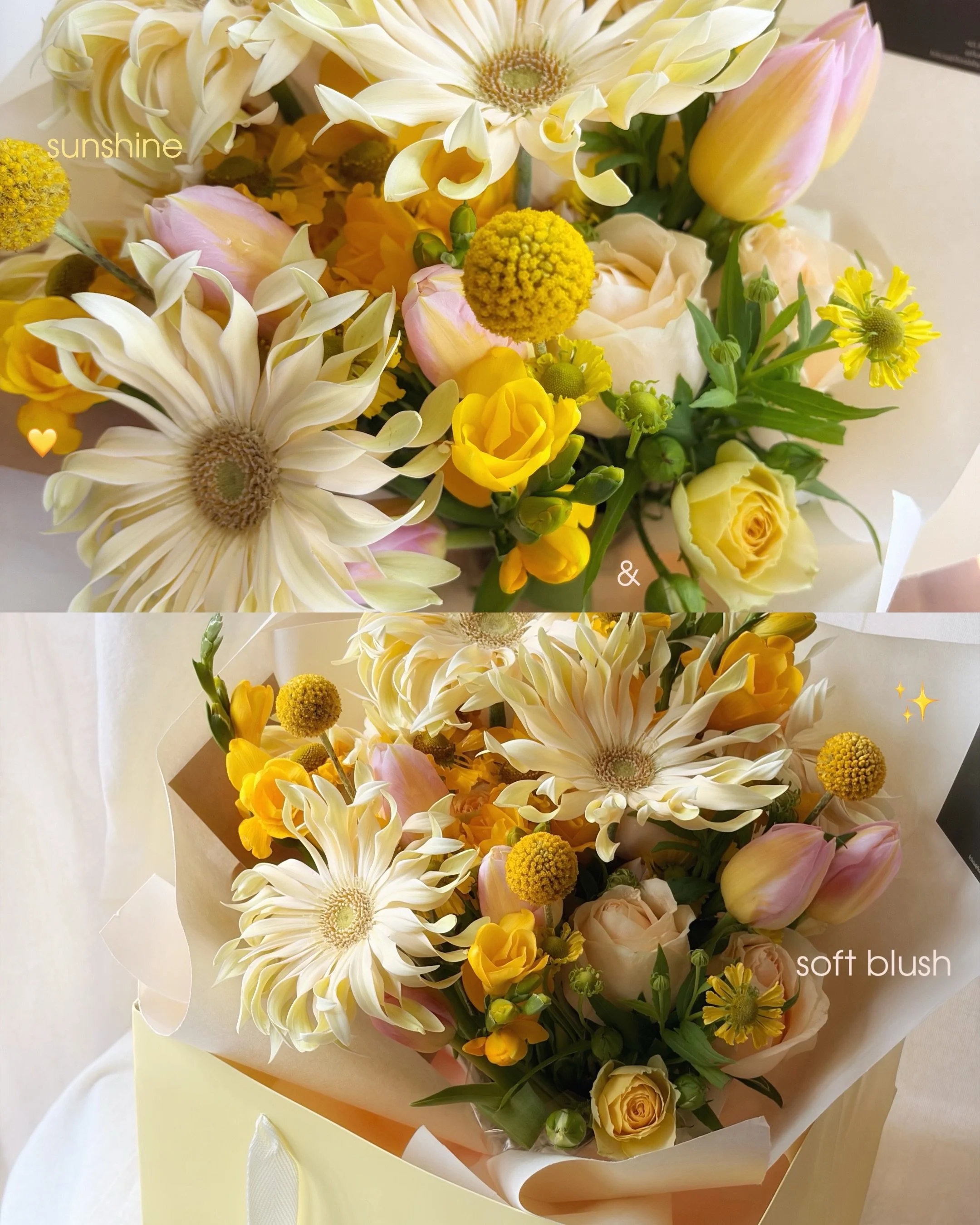 A little sunshine for a birthday girl 🌼

The brief was a yellow bouquet, so I kept it bright and sunny with soft creams and yellows, with blush pink tulips to soften the palette ✨ Love how the little touches of pink peek through the sunshine!