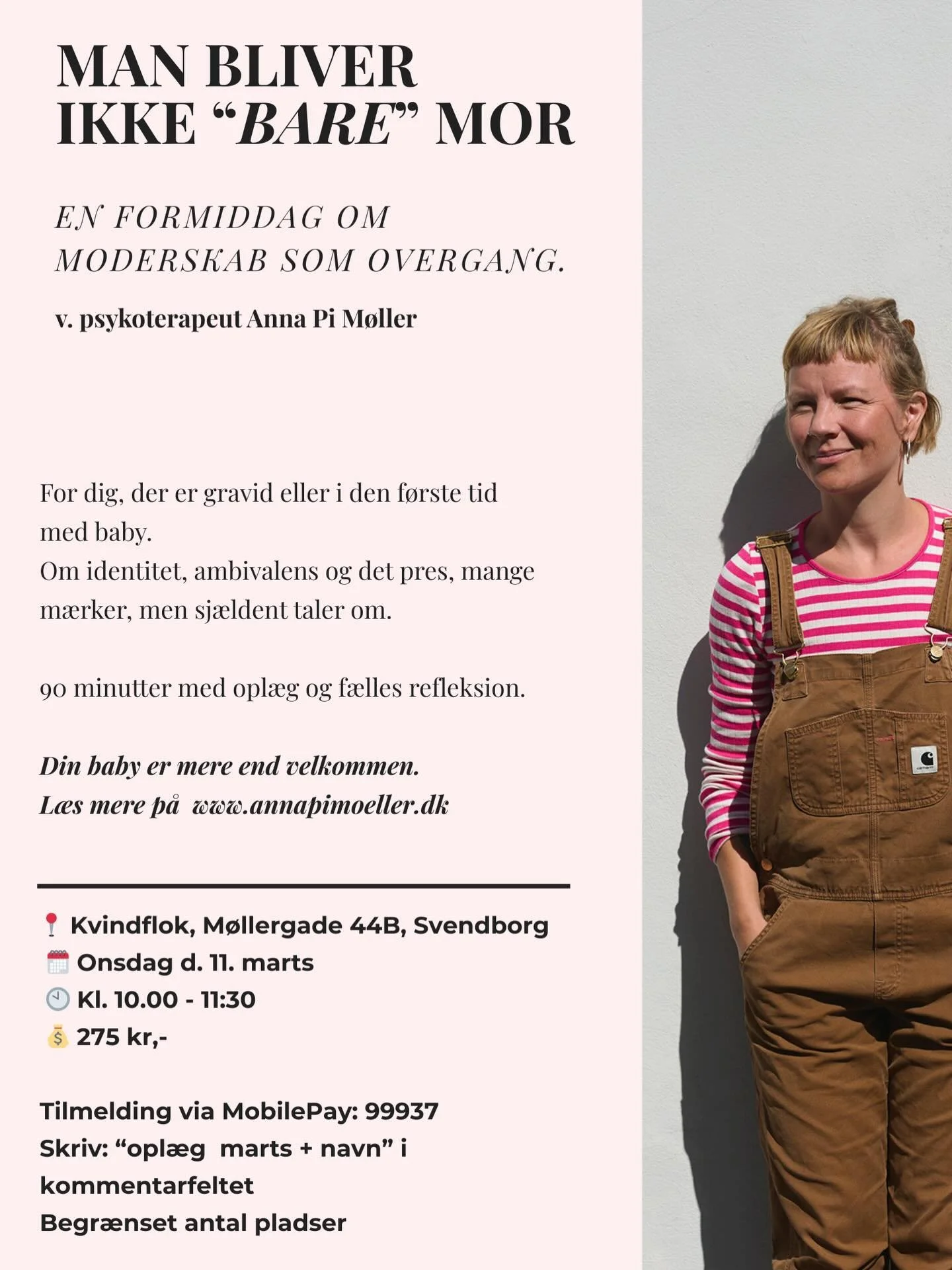 K&aelig;re jer,

Jeg br&aelig;nder for at tale om moderskab.
Ikke som det burde v&aelig;re &ndash; men som det faktisk opleves.

M&aring;ske kan du genkende f&oslash;lelsen af at v&aelig;re blevet en anden, uden helt at vide hvem du er nu.
M&aring;sk