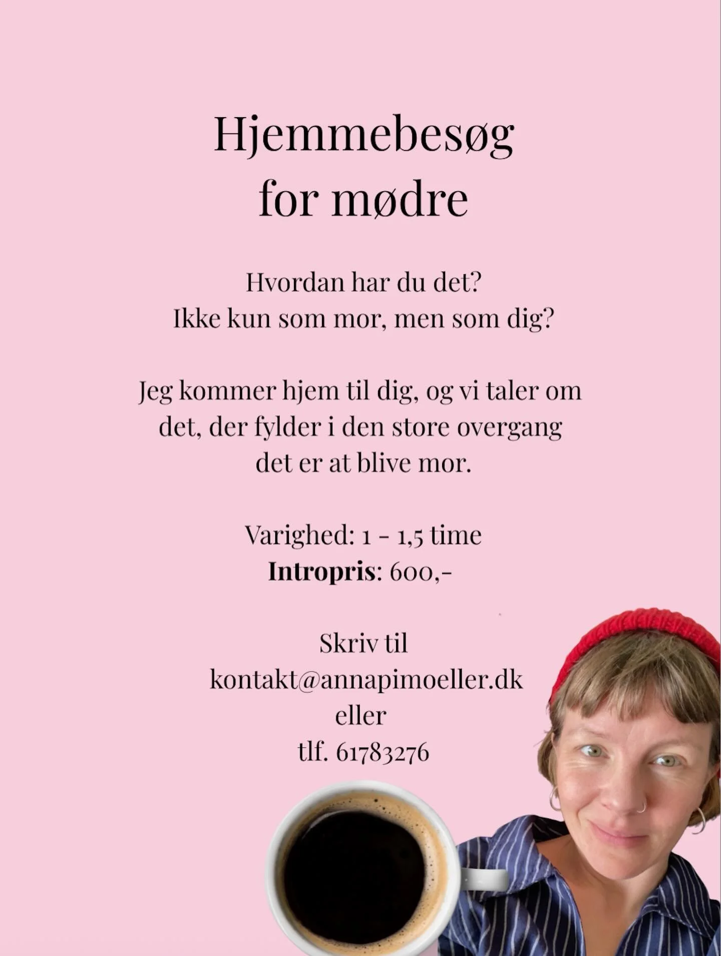 Det kan v&aelig;re en k&aelig;mpe omv&aelig;ltning at blive mor.

Og alt for mange g&aring;r igennem den omv&aelig;ltning med en f&oslash;lelse af at st&aring; alene.

Det vil jeg gerne v&aelig;re med til at lave om p&aring;.

Derfor tilbyder jeg nu 