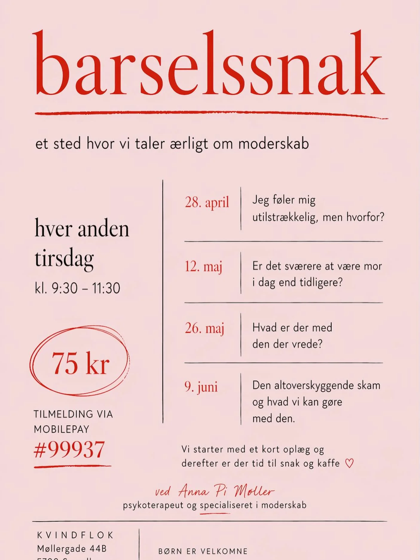 Det er tid til flere opl&aelig;g og det starter p&aring; tirsdag.

Har du ogs&aring; lyst til at m&oslash;des med andre m&oslash;dre og m&aring;ske blive lidt klogere p&aring; nogle af de temaer, der kan fylde s&aring; meget i det der moderskab.

S&a