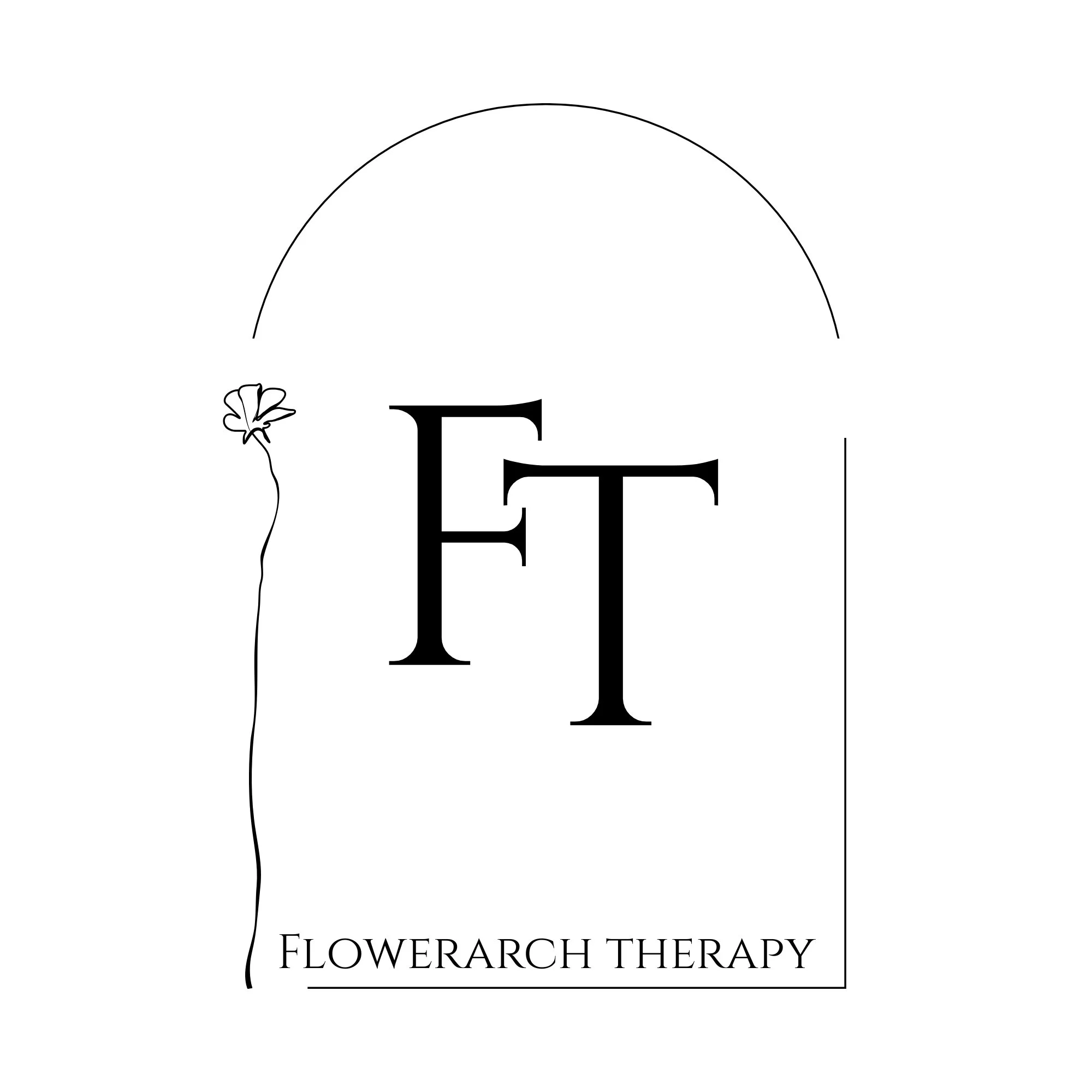 Logo for Flowerarch Therapy featuring a stylized flower, large initials 'F T', and the words 'FLOWERARCH THERAPY' at the bottom.