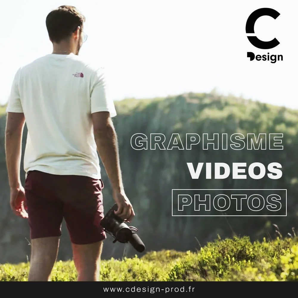 homme debout appareil en main, graphisme videos et photos écrit sur la Coline avec le logo cdesign