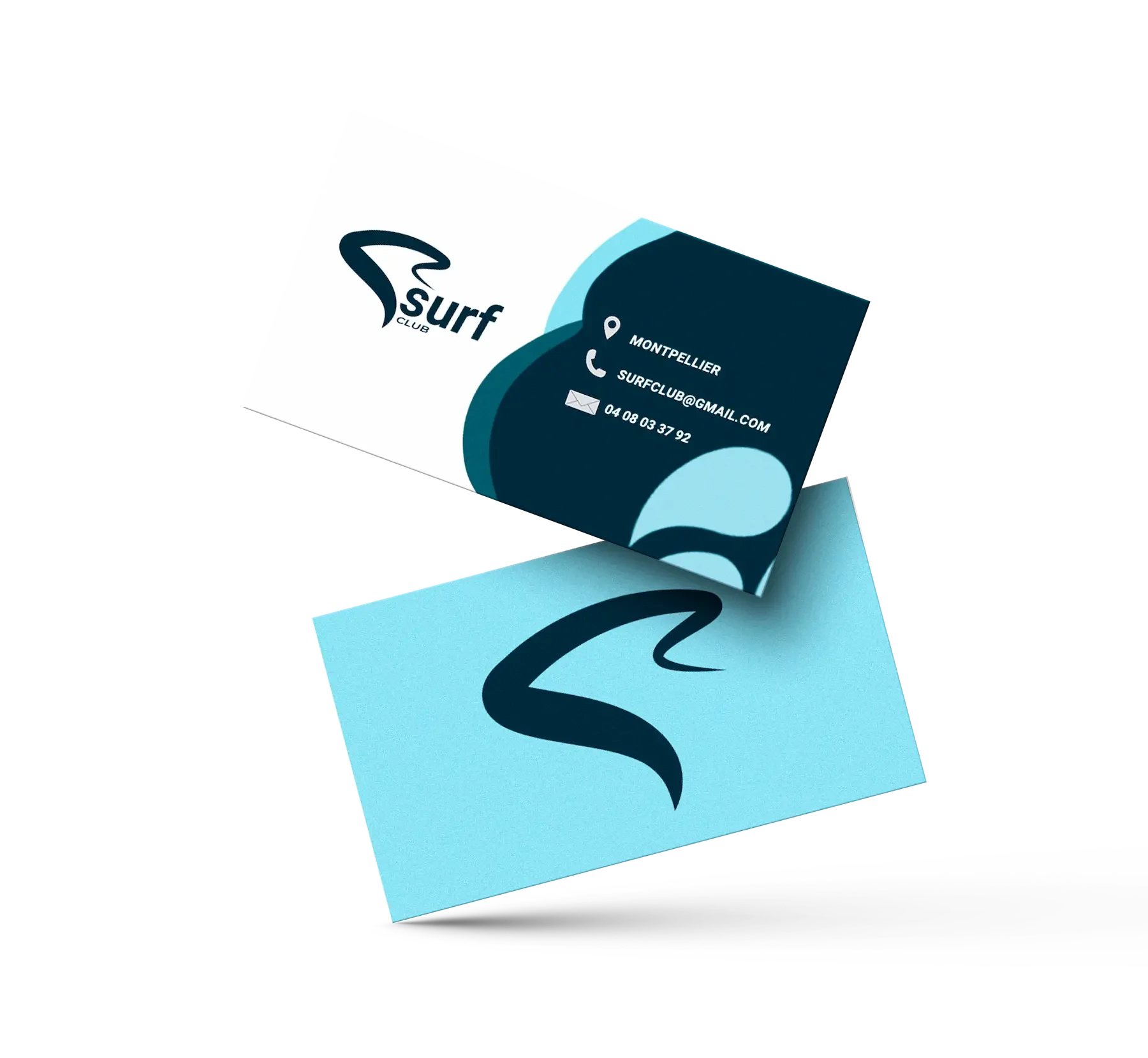 Cartes de visite pour un club de surf, avec un logo de vague, coordonnées et une image du logo du club.