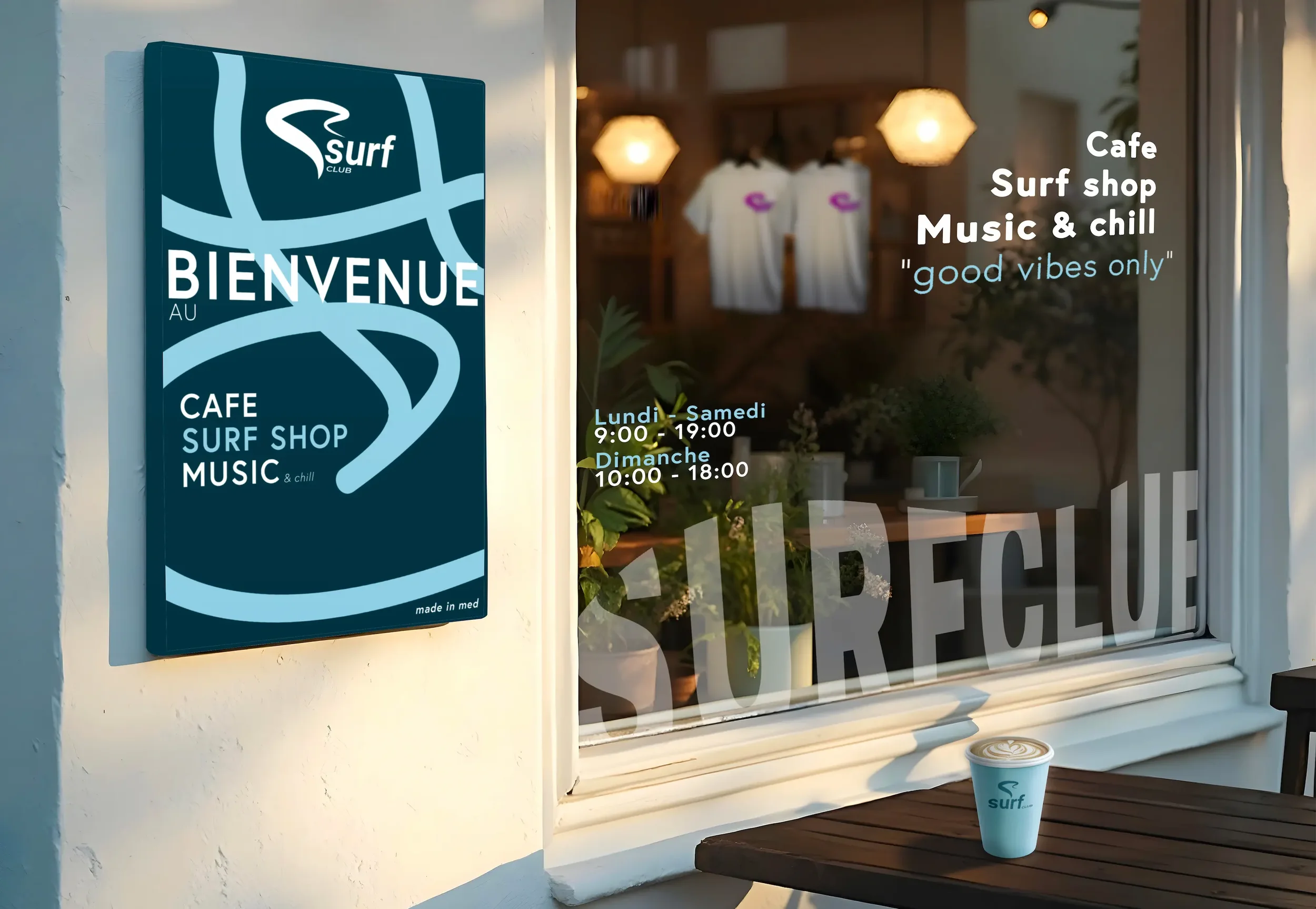 Une vitre d'un café avec des inscriptions en français et en anglais, mentionnant les horaires d'ouverture, un tableau d'affichage à l'intérieur, et une tasse de café sur une table en bois en extérieur, avec des plantes en arrière-plan.