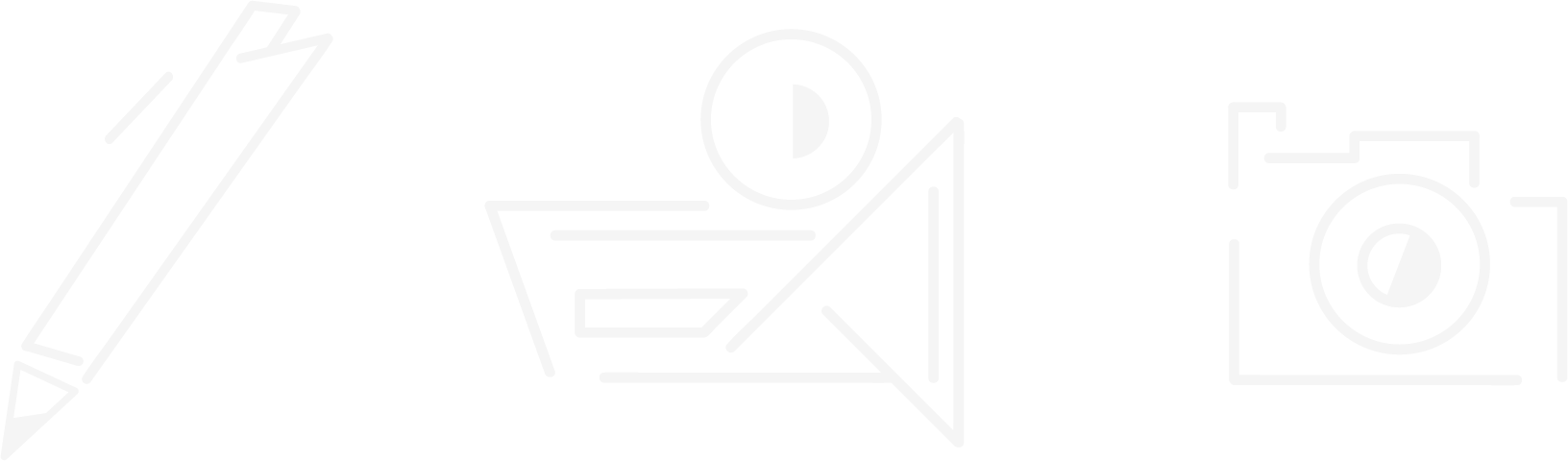 Icônes de dessin : crayon, balance avec une bille, appareil photo.