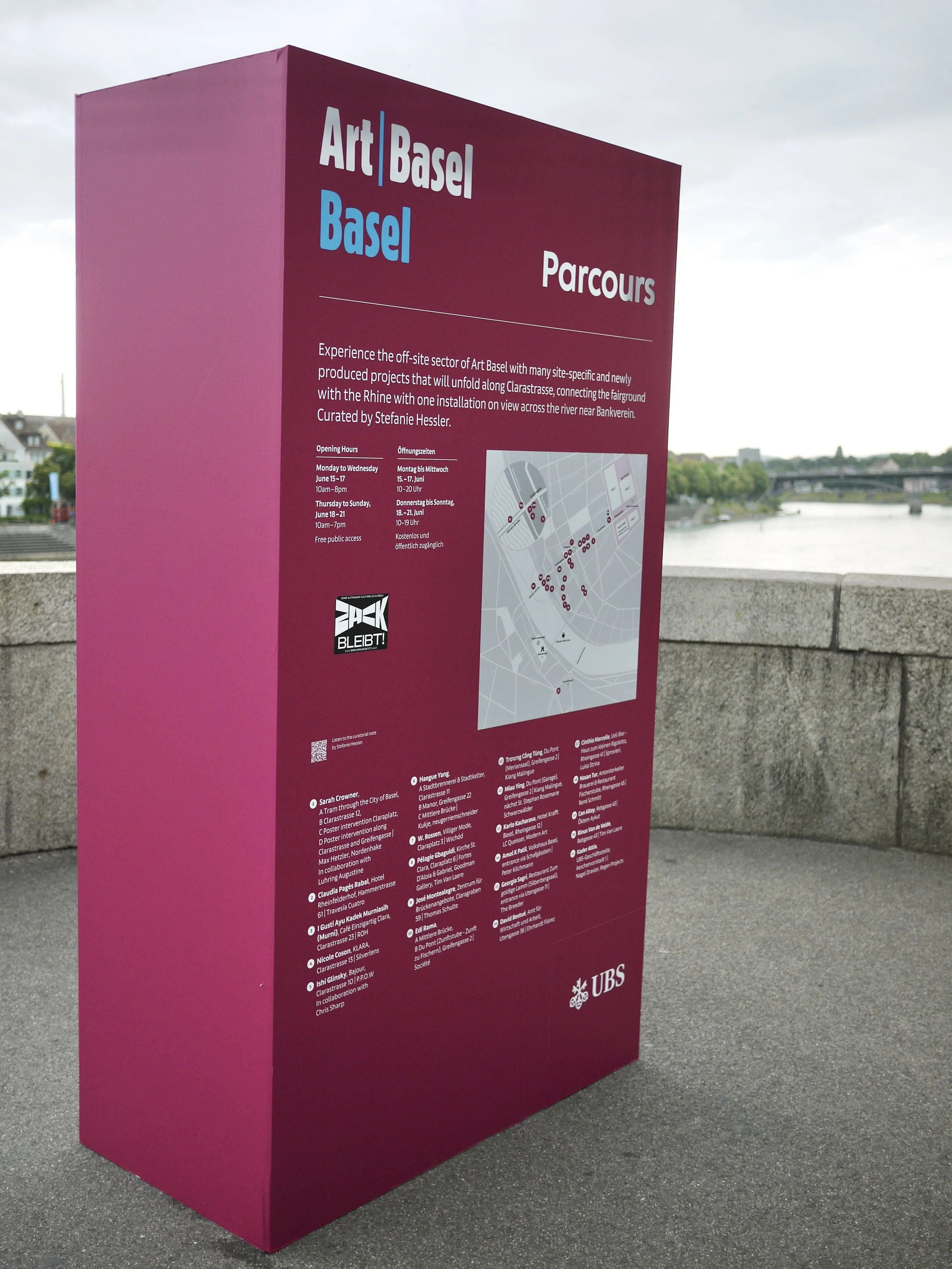 Information point and map of Art Basel’s public sector, Parcours, which spills out into the city
