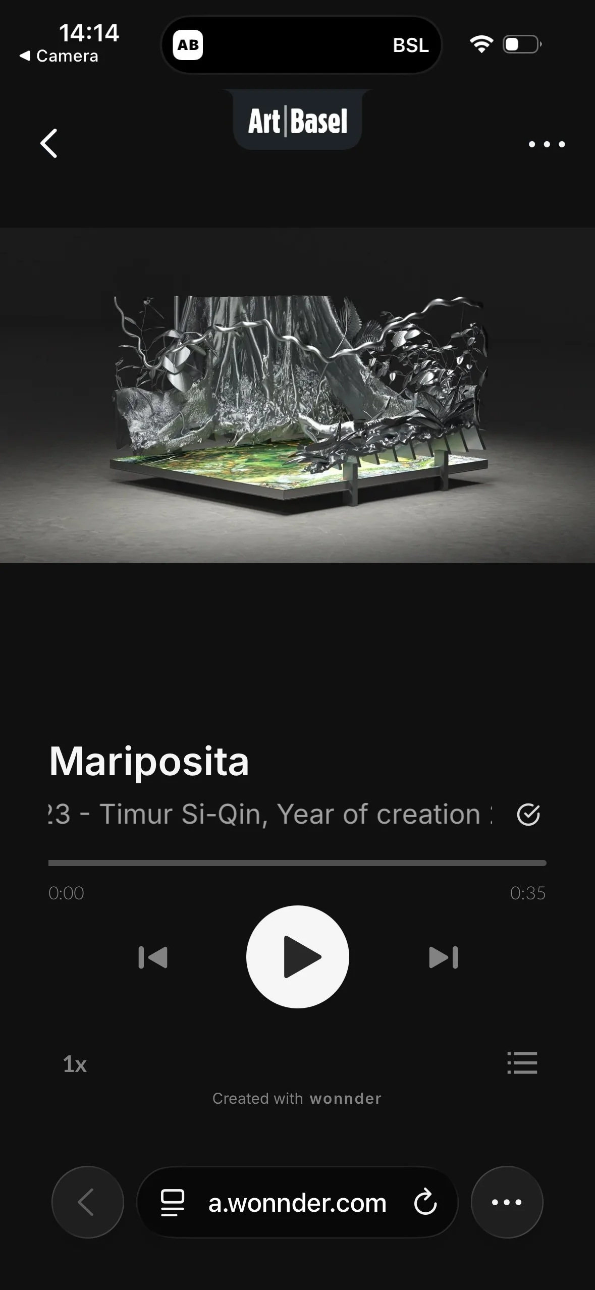 Screenshot of the Unlimited Audio Guide, accessible through accompanying QR codes; here showing Timur Si-Qin’s Mariposita (2026)