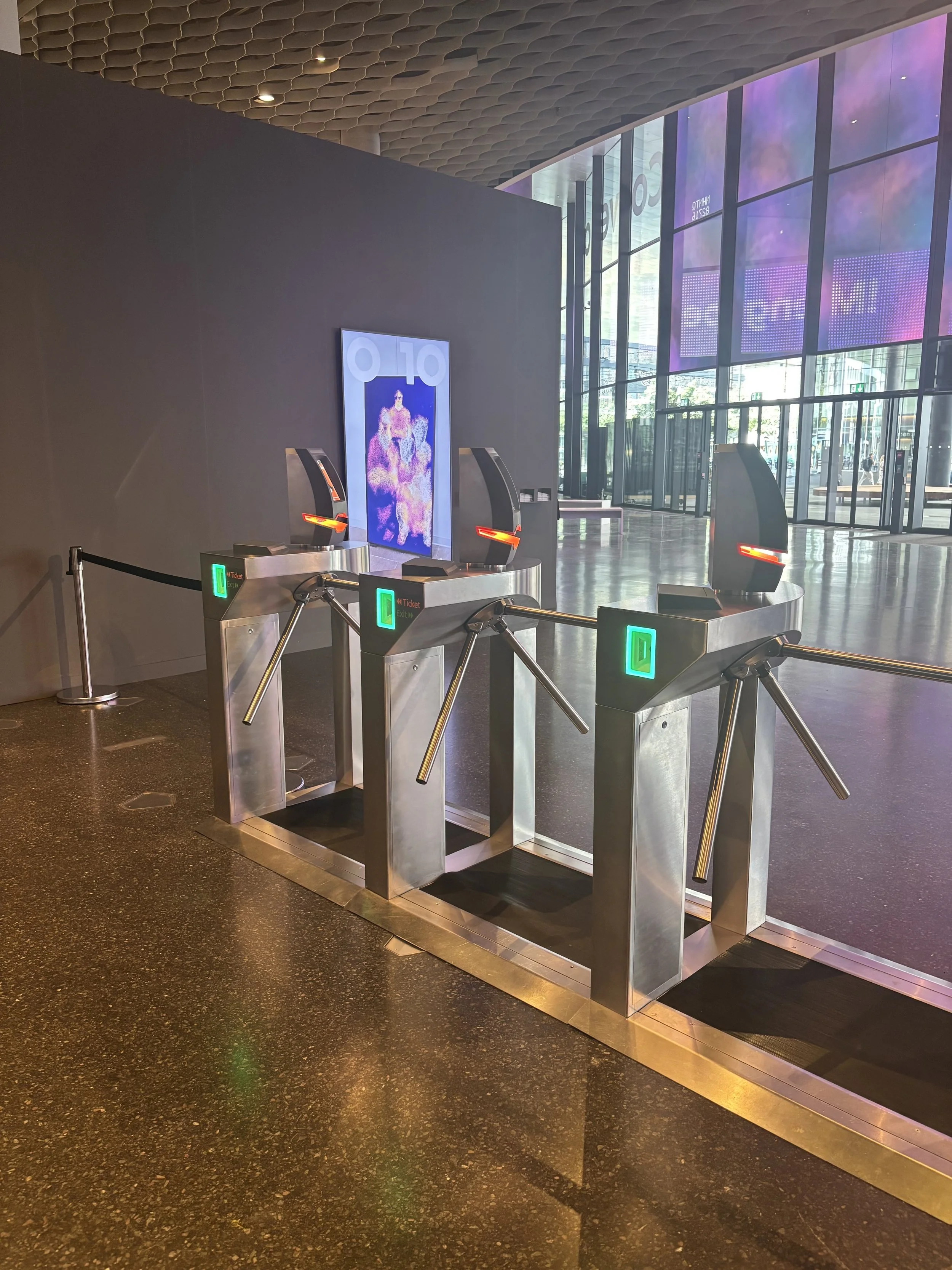 Art Basel’s turnstile gates, through which the eager queues push to enter 