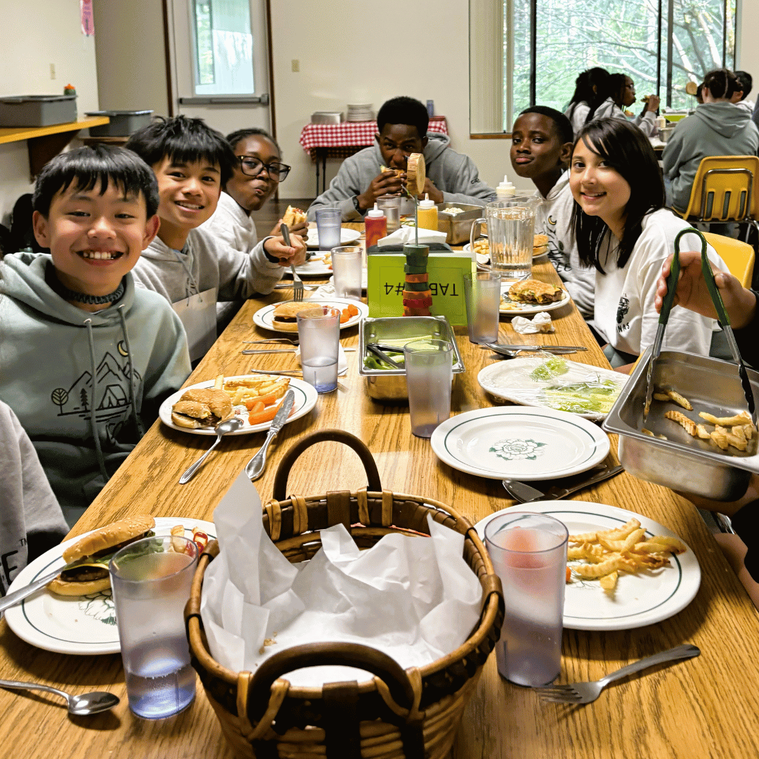 CCamp GEORGE students eating camp dining hall family style meals stewardship camp songs presentations community gathering menu