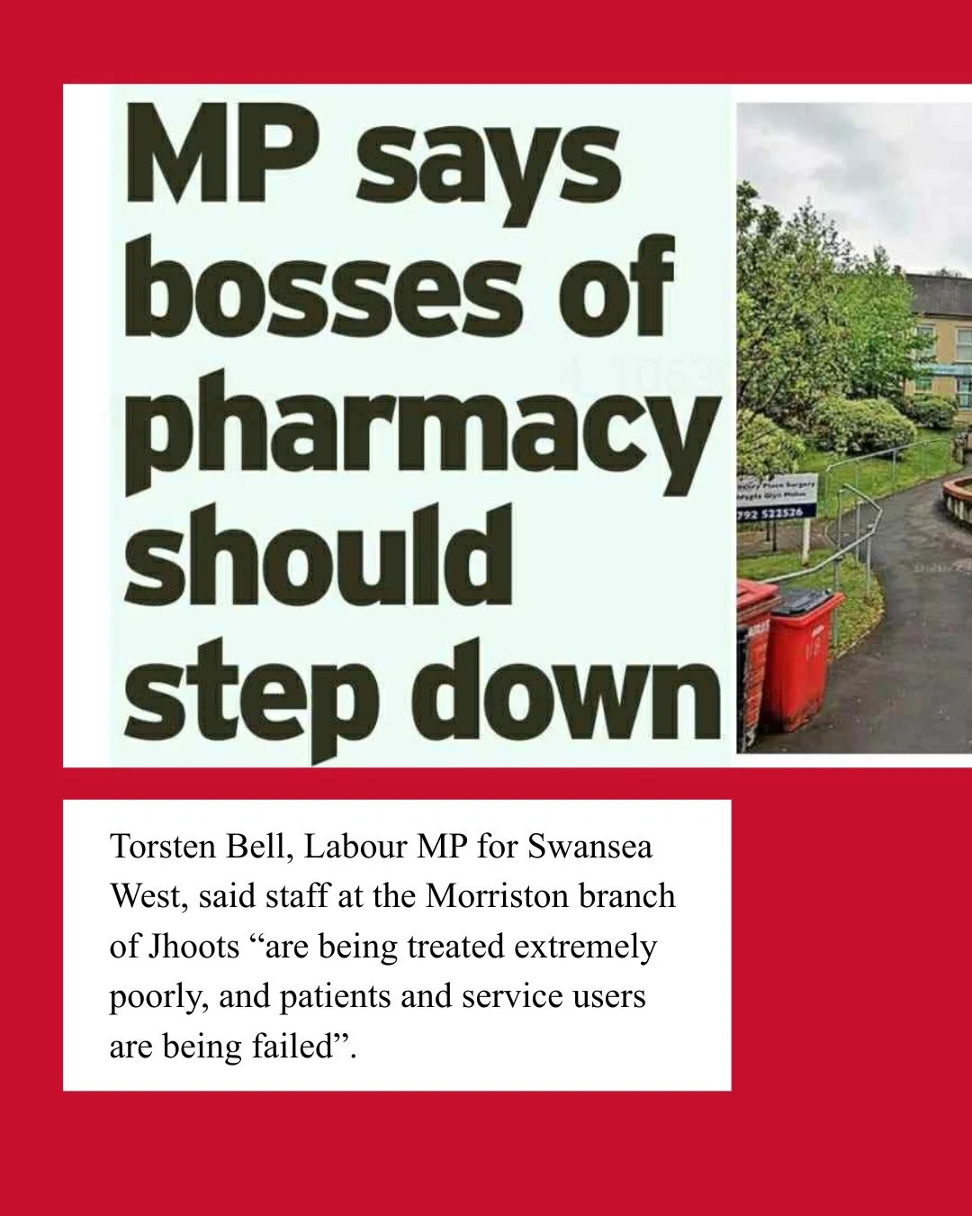 Pharmacies are a vital cornerstone of communities, but Jhoots Pharmacy is letting our community down. 

It's good to see some some much needed attention on the situation at the Morriston branch of Jhoots in the South Wales Evening Post - staff and cu