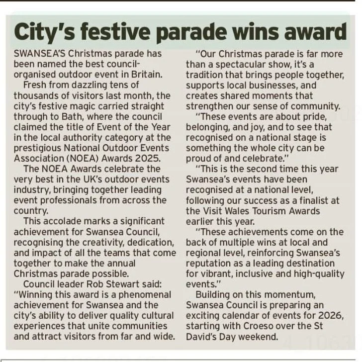 Congratulations to @swansea_council and everyone involved in this year&rsquo;s Christmas Parade, which has triumphed at the 2025 National Outdoor Events Association Awards, winning 'Event of the Year &ndash; Local Authority Sector' for its forward-th