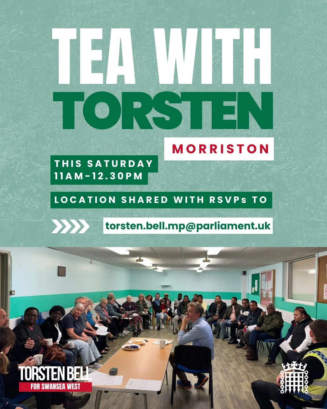 🚨 Time change 🚨

Come and meet me this Saturday! I'll be at a local community venue in Morriston between 11am and 12.30pm, accompanied by plenty of tea and biscuits.

Tea With Torsten is a chance for us to meet over a cuppa, have a chat and hear wh