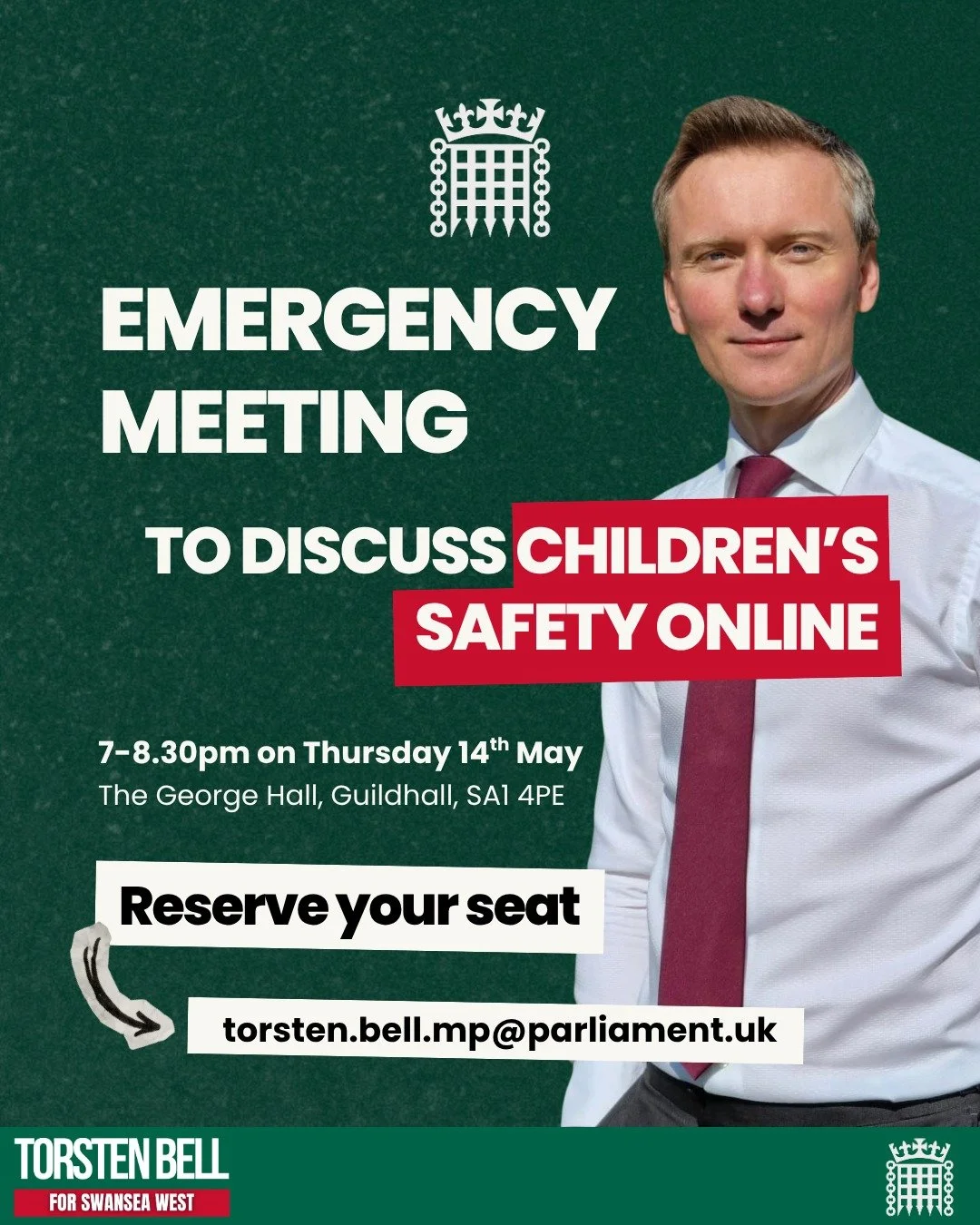 I&rsquo;m calling an emergency public meeting to discuss how best to protect children from harm online. Reserve your seat by emailing torsten.bell.mp@parliament with your name and postcode. 

🕖 7-8.30pm on Thursday 14 May 
📍 The George Hall, Guildh