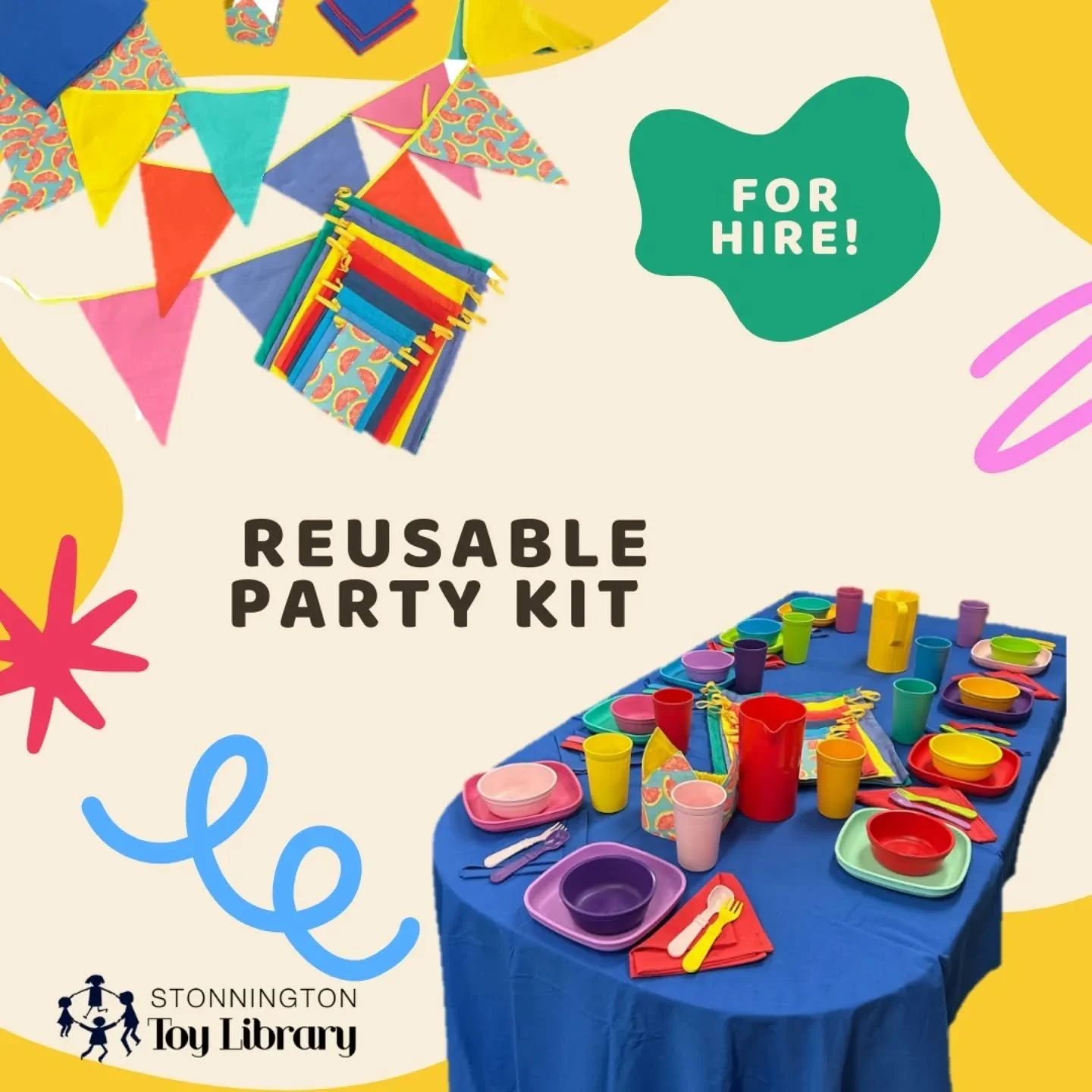 Our reusable party kit is a lovely lot of eco-friendly reusable party essentials including;
💚 10 reusable plates bowls, cups, forks, spoons and 2 jugs 
💚 Fabric party bunting
💚 Fabric party crown for the birthday child
💚 Fabric pass the parcel ba