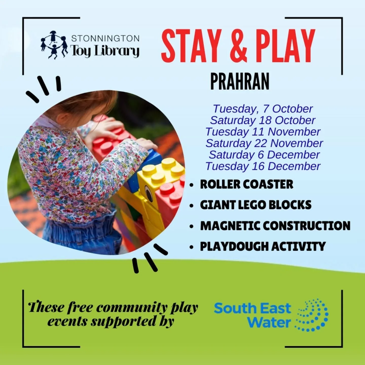 Come along to free play activities at @stonnington_toy_library Prahran branch 
Tuesday Oct 7, Nov 11, Dec 16 10.30am-12.30pm
Saturdays Sat Oct 18, Nov 22, Dec 6 10am-12pm 

Activities include:
🟢 Connetix Magnetic tiles
🟡 Playdough activity 
🟠 Larg