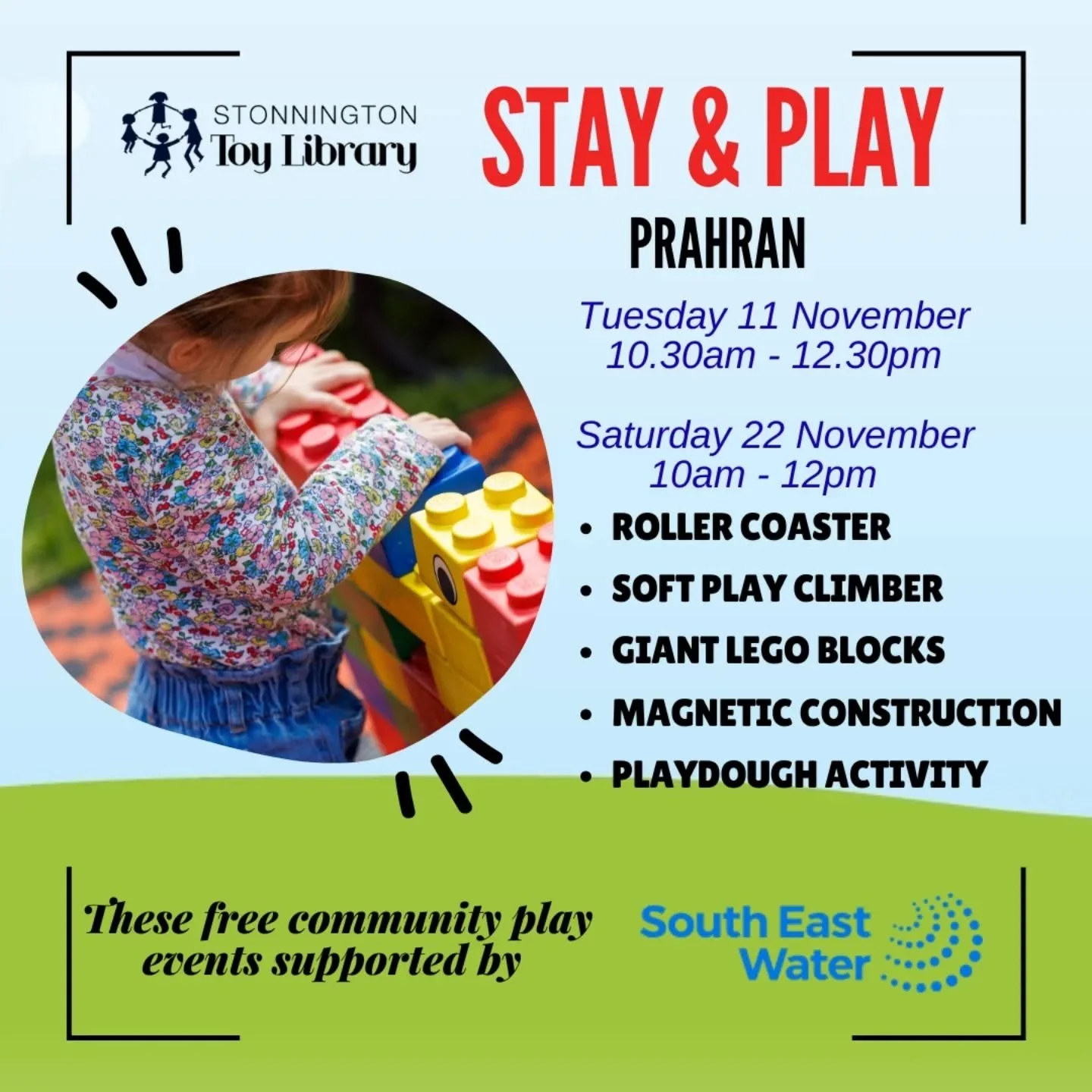 FREE play activities 
Come and play at our Prahran branch this November.  All activities are undercover and out of the weather so bring a friend for a play with
🟠 Giant Lego blocks
🟡 Soft play set
🟢 Playdough activity 
🟣 Connetix Magnetic tiles
?