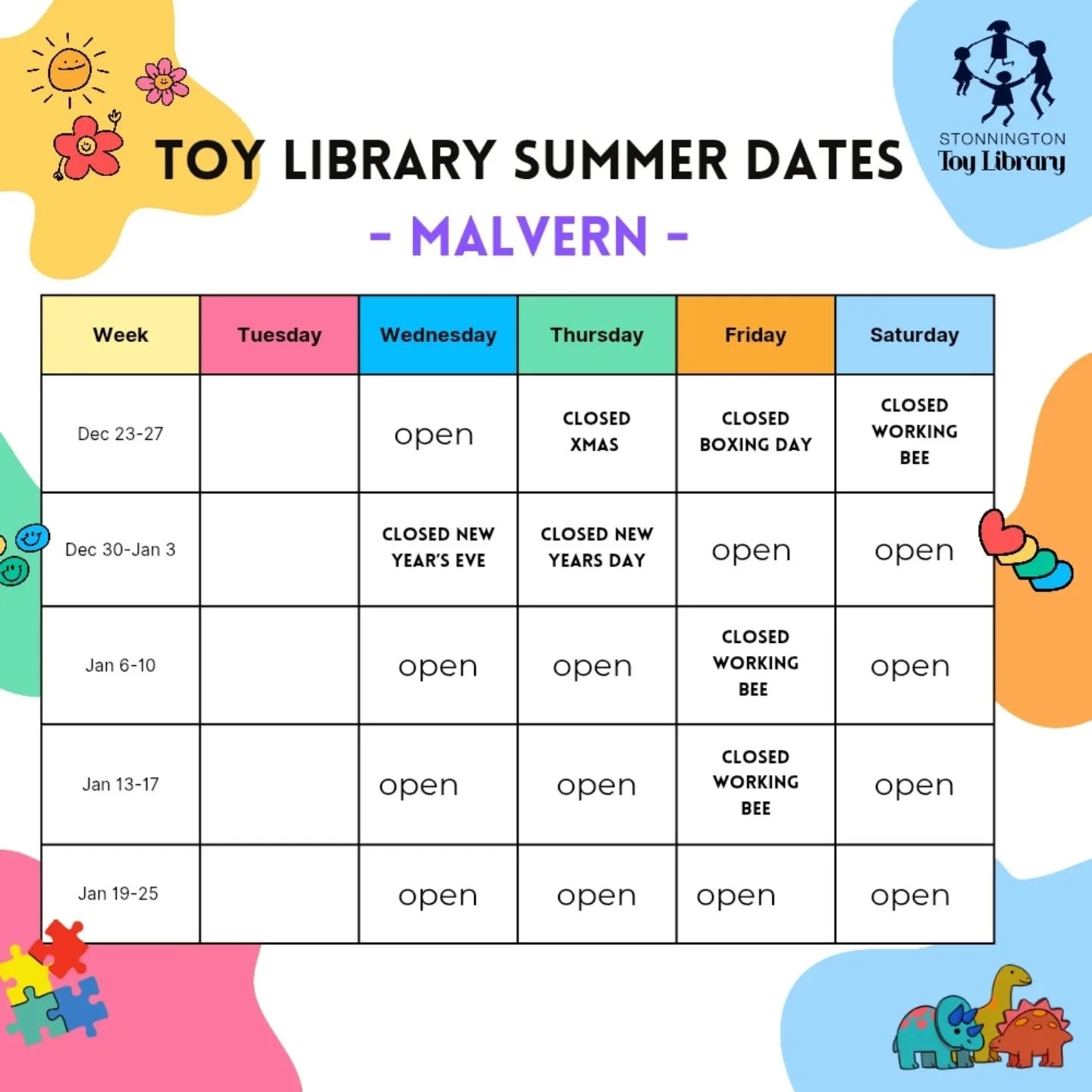 🌞 We're open all Summer! 
🗓️ We have some closure dates so please note these and adjust your borrowing 
♻️ Renew your toys if you'd like to keep them longer 
🙏🏼 This helps us manage our space over Summer 

👉🏼 Swipe for Prahran branch hours