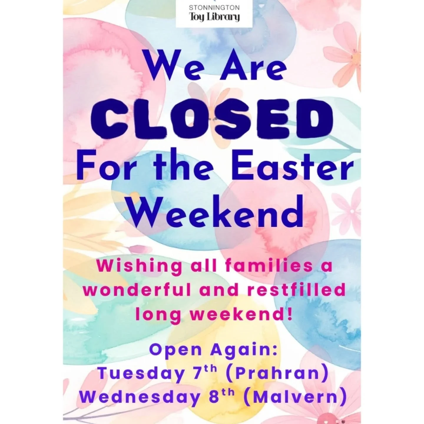 We are closed for the Easter Weekend. Wishing all families a wonderful and restful long weekend. 🐇🐣 Renew your toys via our member portal (link in bio) 

OR borrow some fresh play when we reopen next week. 

@stonnington_toy_library is open again 
